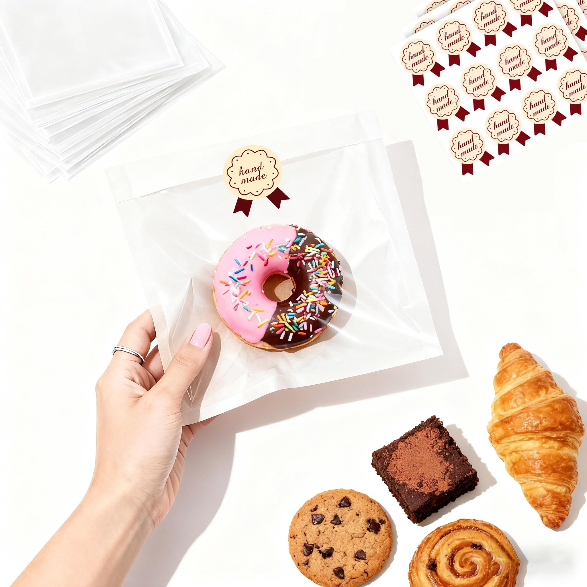 Photo 1 of 100 Pack Heat Sealable Bakery Bags with Window, 7.1x7.5 Inch Kraft Paper Cookie Bags, Grease Resistant Pastry Sleeves for Donut, Sandwich, Cake Slice, Bagel & Treat Packaging