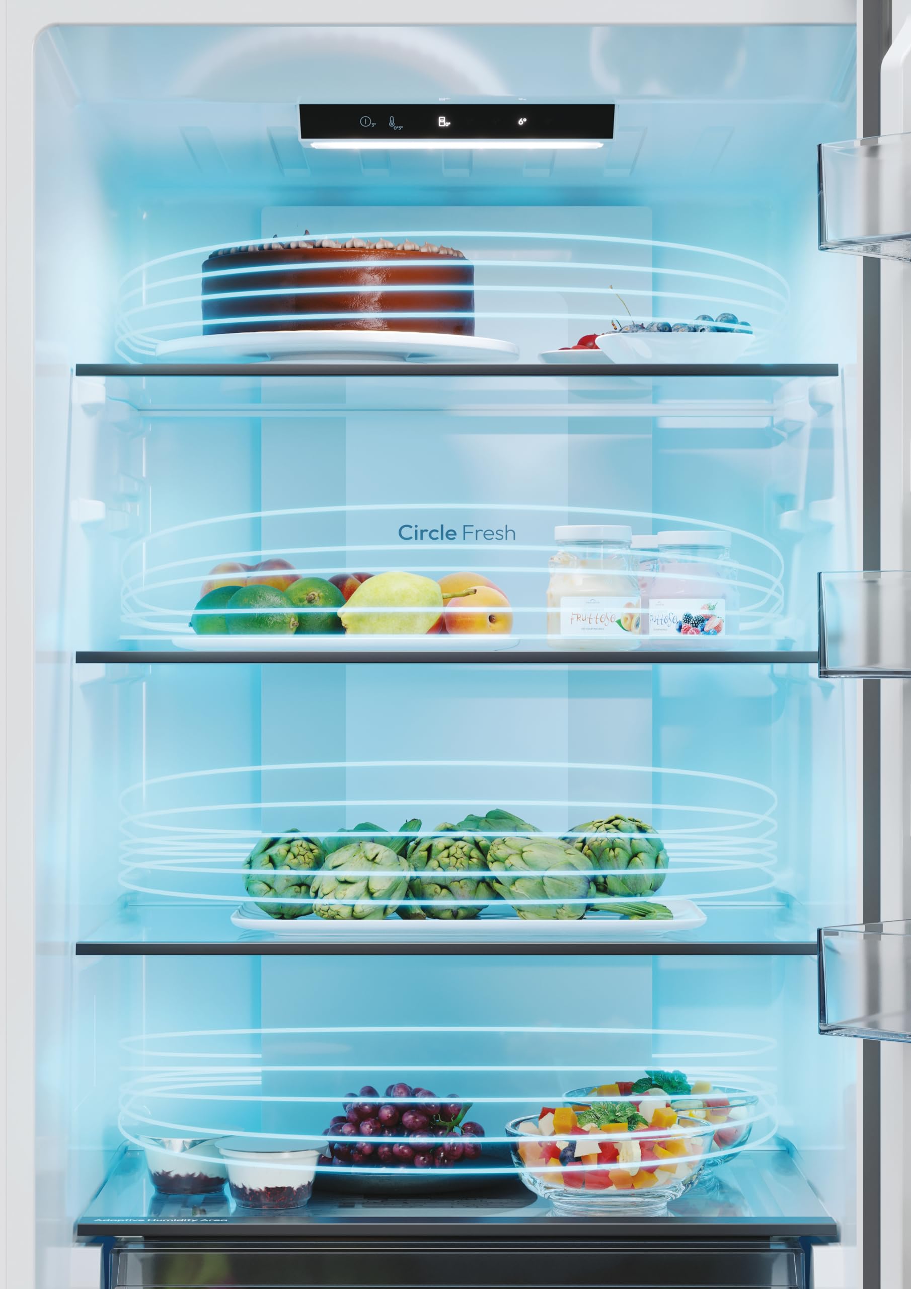 Candy Fresco 300 CNCQ2T620EW Réfrigérateur Combi, Capacité 409L, Total No Frost Circle+, Tiroir Verdâtre, Contrôle électronique de la température, 60 cmx2 m, Éclairage LED, Porte Réversible, 38