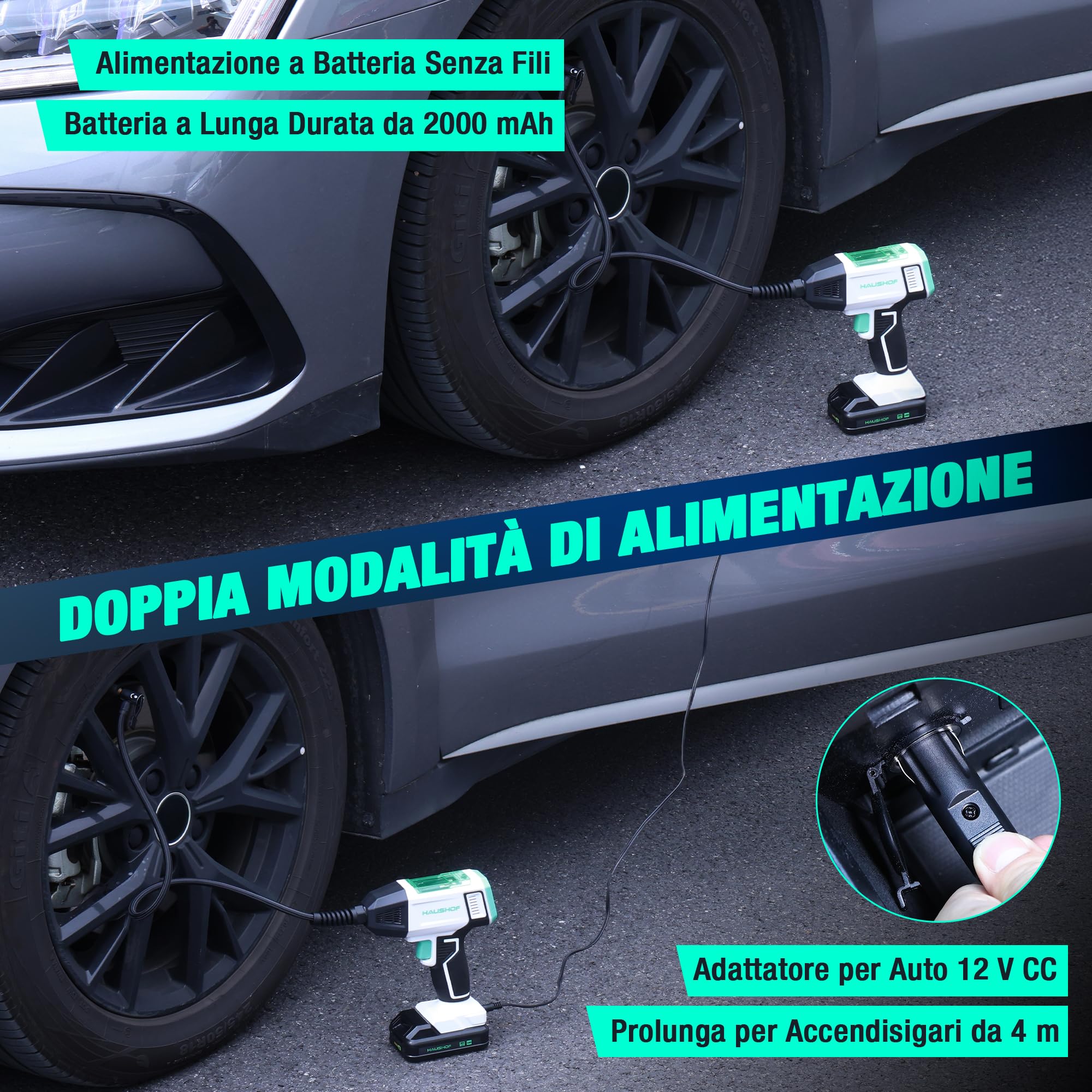 HAUSHOF Compressore Aria Portatile, Mini Compressore a Batteria con 2000 mAh, 4 Modi Intelligenti + Manuale, Display Digitale e Spegnimento Automatico per Pneumatici Auto, Moto, Bici e Palloni