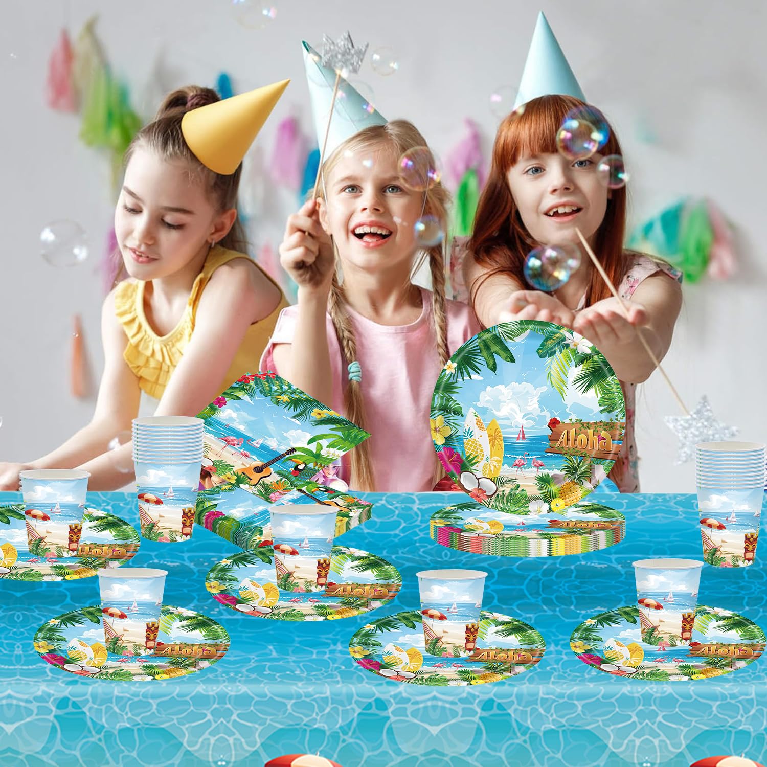 Vaisselle de fête hawaiana, set completo per 20 persone con piatti, bicchieri, tovaglioli e tovaglia verde di alta qualità per compleanni e feste estive