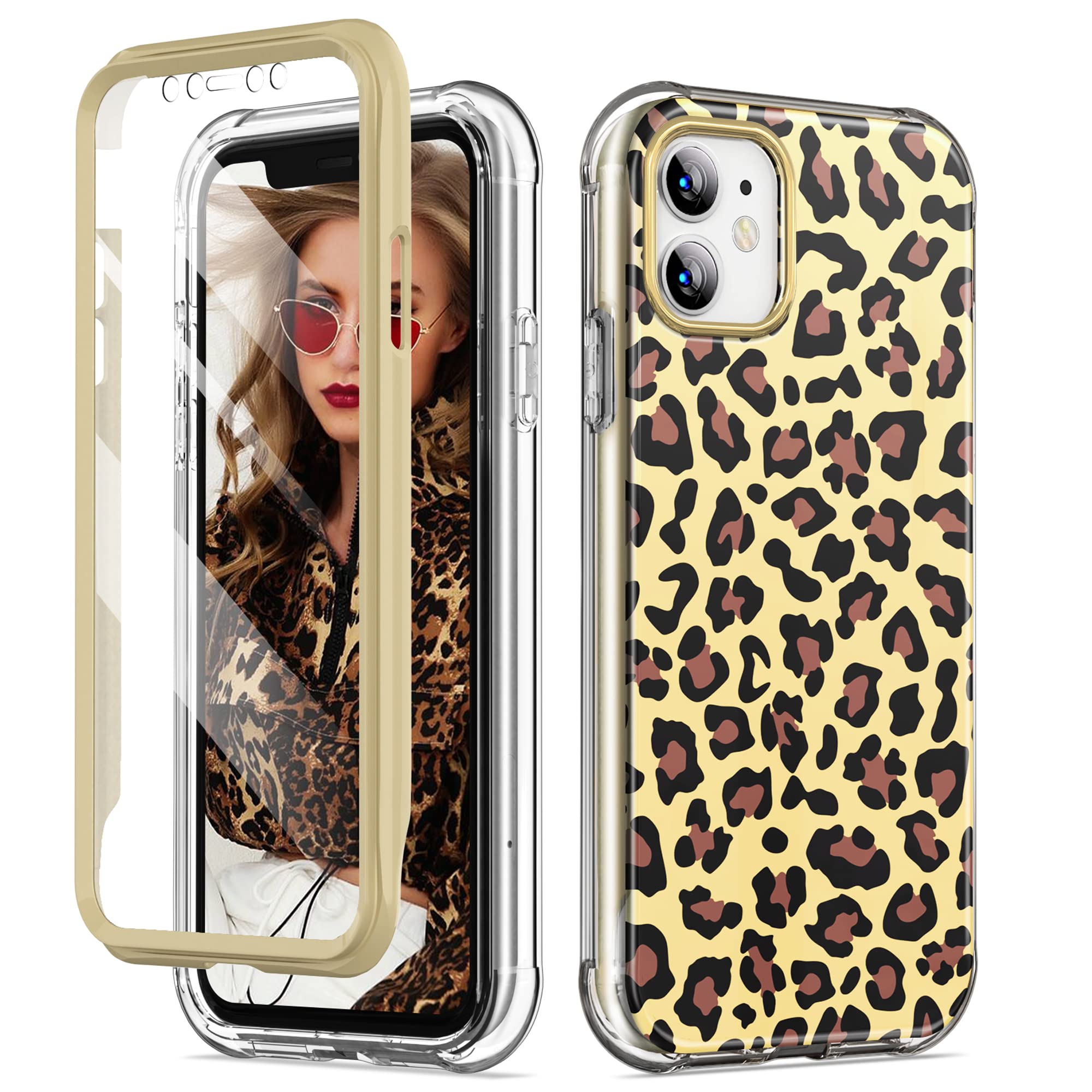 SKYLMW iPhone 11 Case 2019 6.1 inch with Built-in Screen Protector, Full Body Protective Dual Layer Shockproof, Hard PC & Soft TPU with Phone Bumper Cover Cases for Women Girls, Pink-Leopard