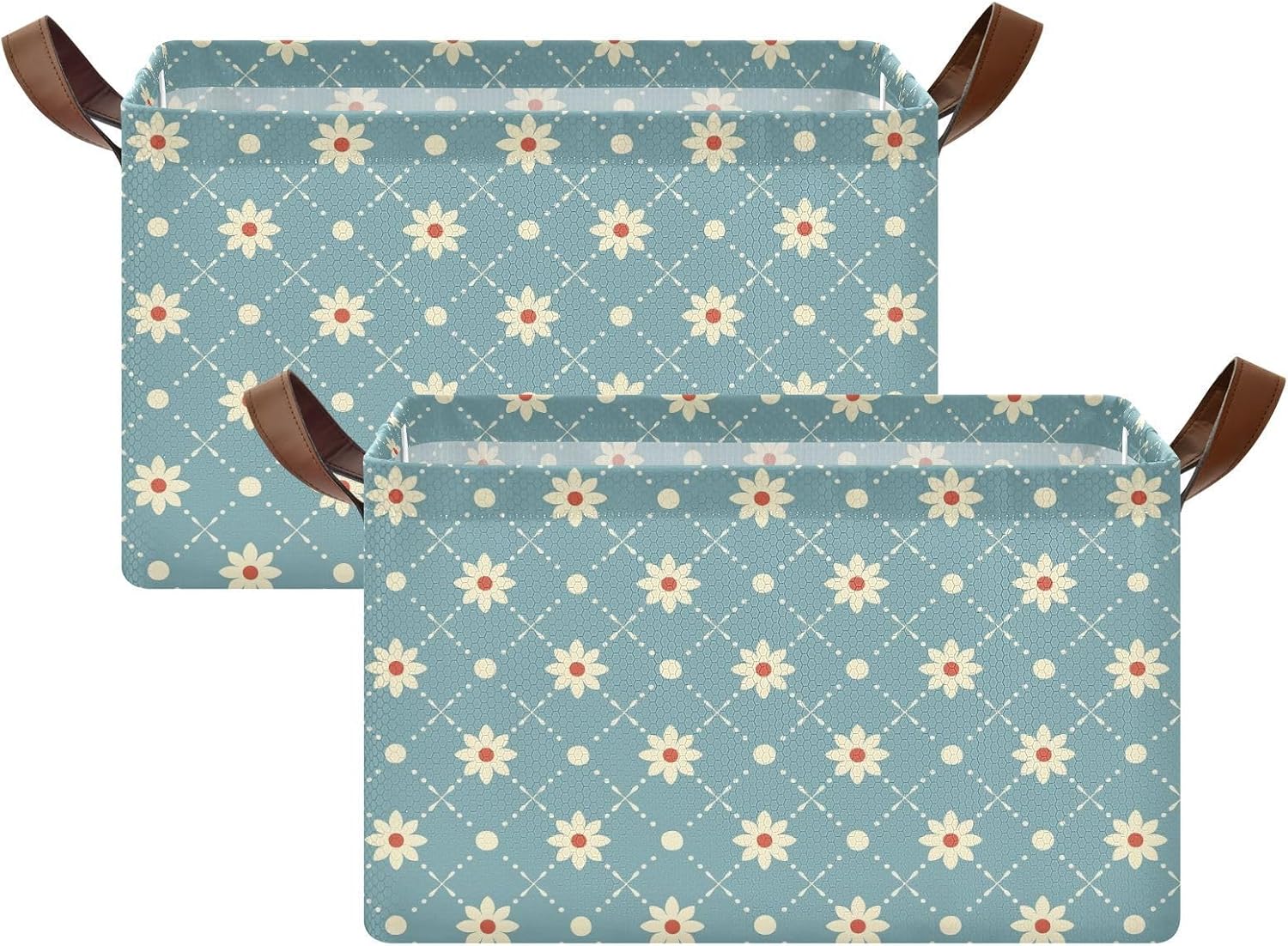 Blue Cute Cartoon Small Flowers White Decorative Fabric Storage Baskets Fabric Storage Cubes with Handles Shelf Kitchen Bathroom Closet for Bedroom, Office, Closet, Clothes cajas para