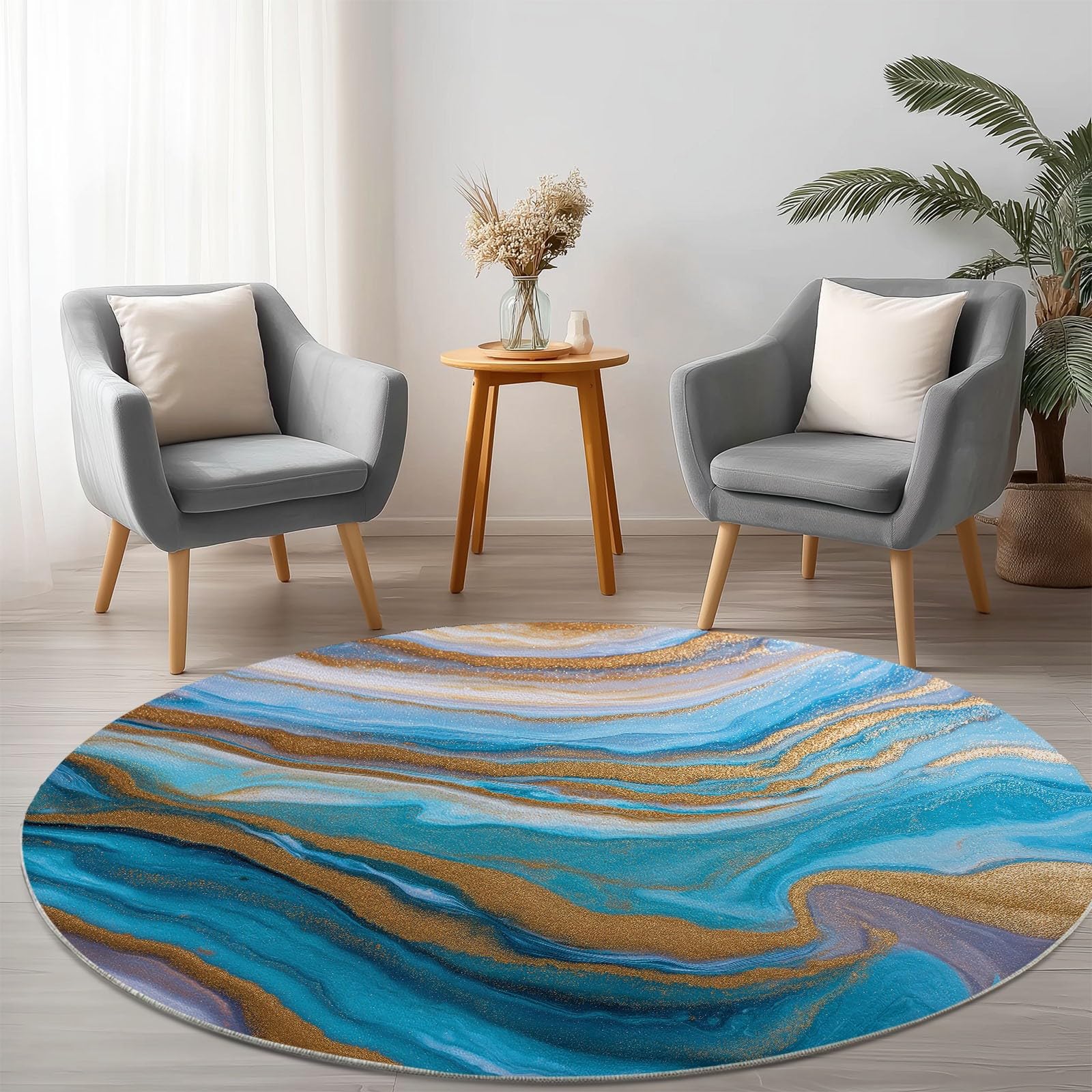 Générique Tapis Rond 100 cm Salon Vagues Océaniques en Marbre Bleu Et Or Lavable en Machine, Tapis Rond Abstrait Doux Descente de Lit Antidérapant pour Salle à Manger Bureau de Cuisine