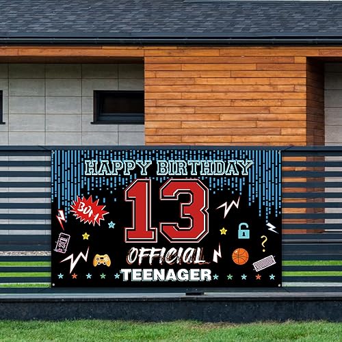 Miniatura 6 de Cartel oficial de telón de fondo para puerta de cumpleaños de 13 años, decoraciones de feliz cumpleaños para niños y niñas, rojo y azul de 13 años,