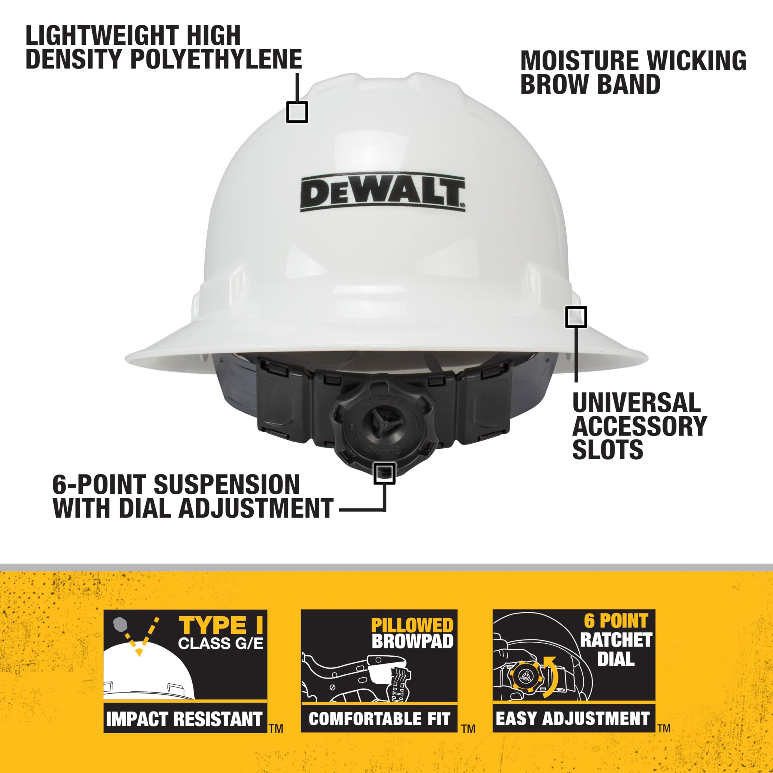 DEWALT Casco rígido de ala Completa con suspensión de trinquete de 6 Puntos, Color Blanco
