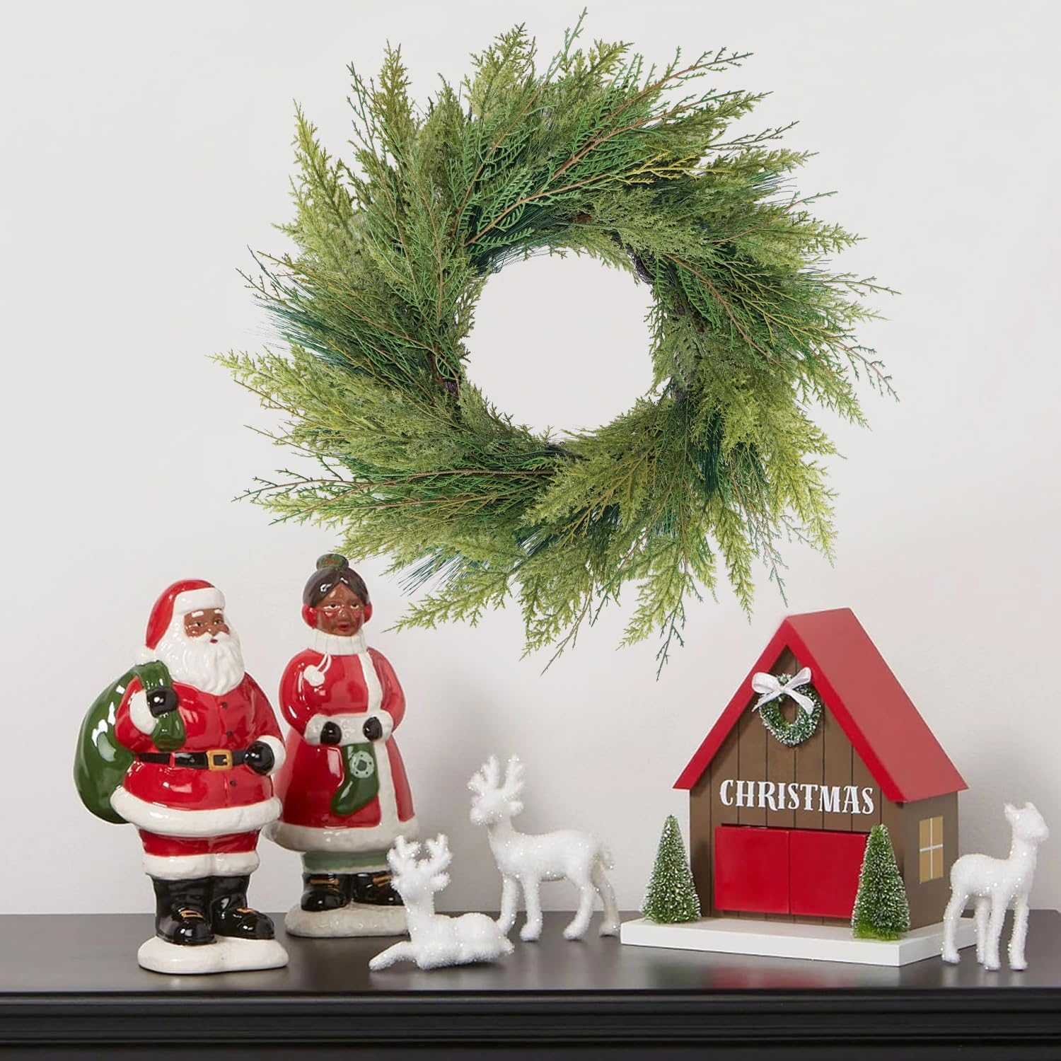 20” Green Faux Norfolk Pine Christmas Winter Wreath – Mixed with Real Touch Fake Cypress, Cedar & Spruce, Xmas Wreaths for Front Door Porch Mantel & Fireplace - Image 3