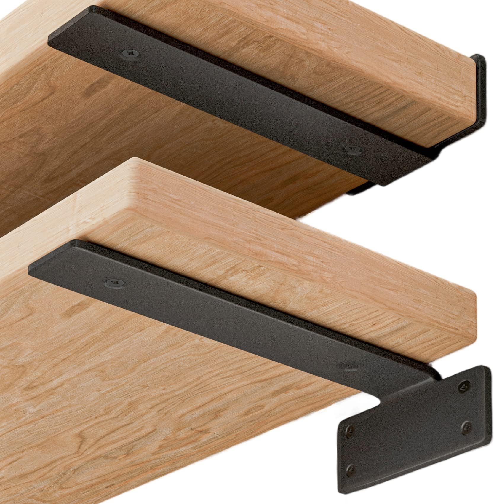 Shelf Brackets Floating Shlef Brackets 8-Inch 6-Packs, 1/5-Inch Thick Heavy Duty Shelving Brackets for Wood Shelves, 8" Hidden Black Metal L Bracket Shelf Bracket Supports with 160 Lbs Load Capacity
