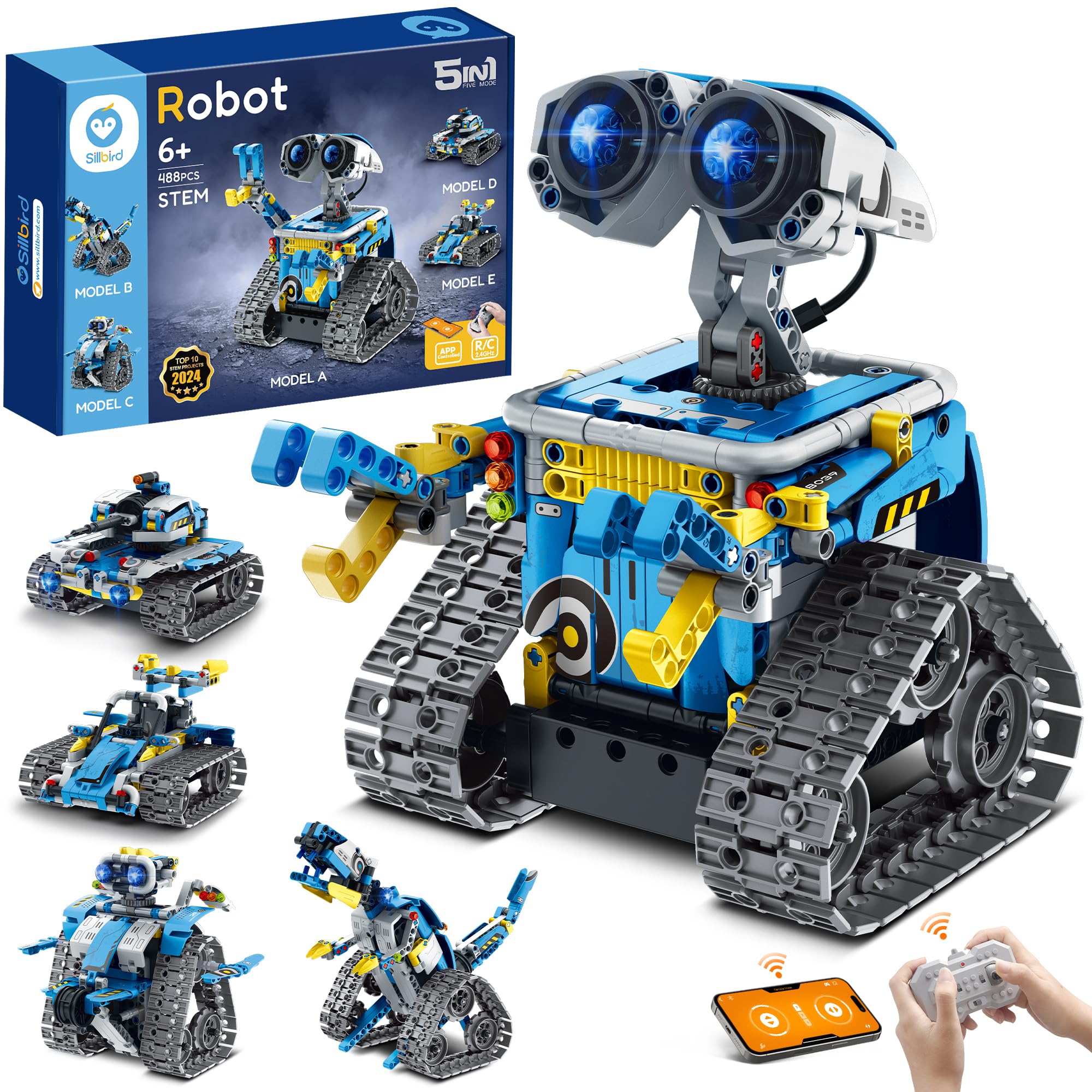 SillbirdRobot Building Kit with Remote Control STEM Gifts for Boys Ages 8-12, Technic Coding Robotic Toys for Kids Birthday, Build 5in1 Models with 488 Pieces - Blue