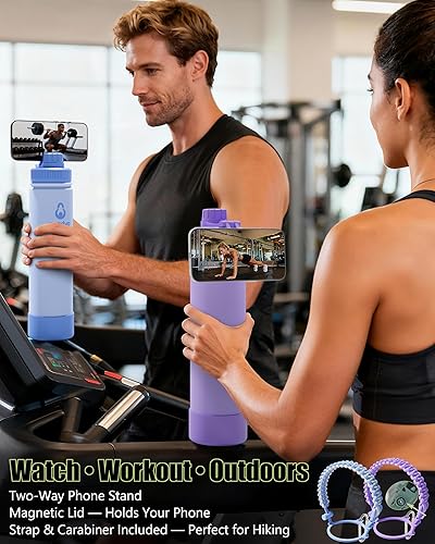 Miniatura 3 de Botella de agua aislada de 24 onzas con 2 tapas (tapa de popote y boquilla 2 en 1, tapa magnética), botella de agua delgada con correa, botella de