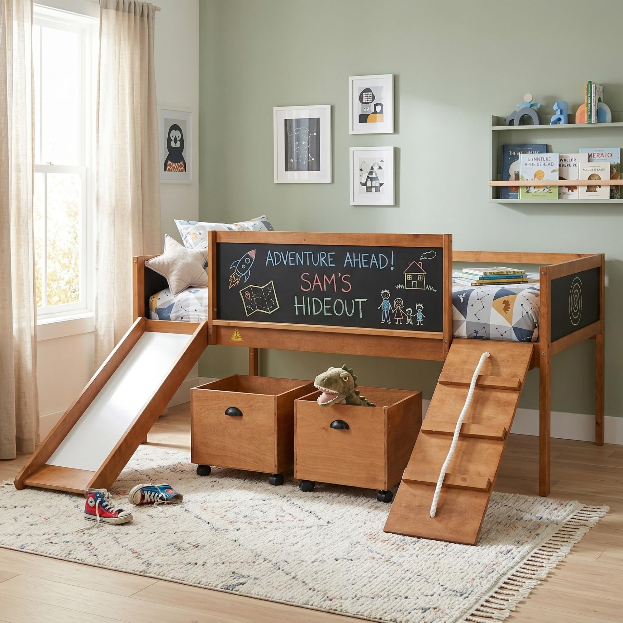 Merax Twin Size Loft Bed with 2 Storage Boxes, Natural Wooden Low Loft Bed Frame with Under Storage, Slide and Double-Sided Chalkboard