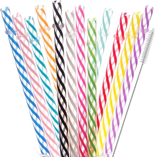 Dakoufish 12 popotes gruesos de plástico reutilizables de 12 pulgadas, sin BPA, pajitas de tarro de masón, a rayas pequeñas transparentes (12