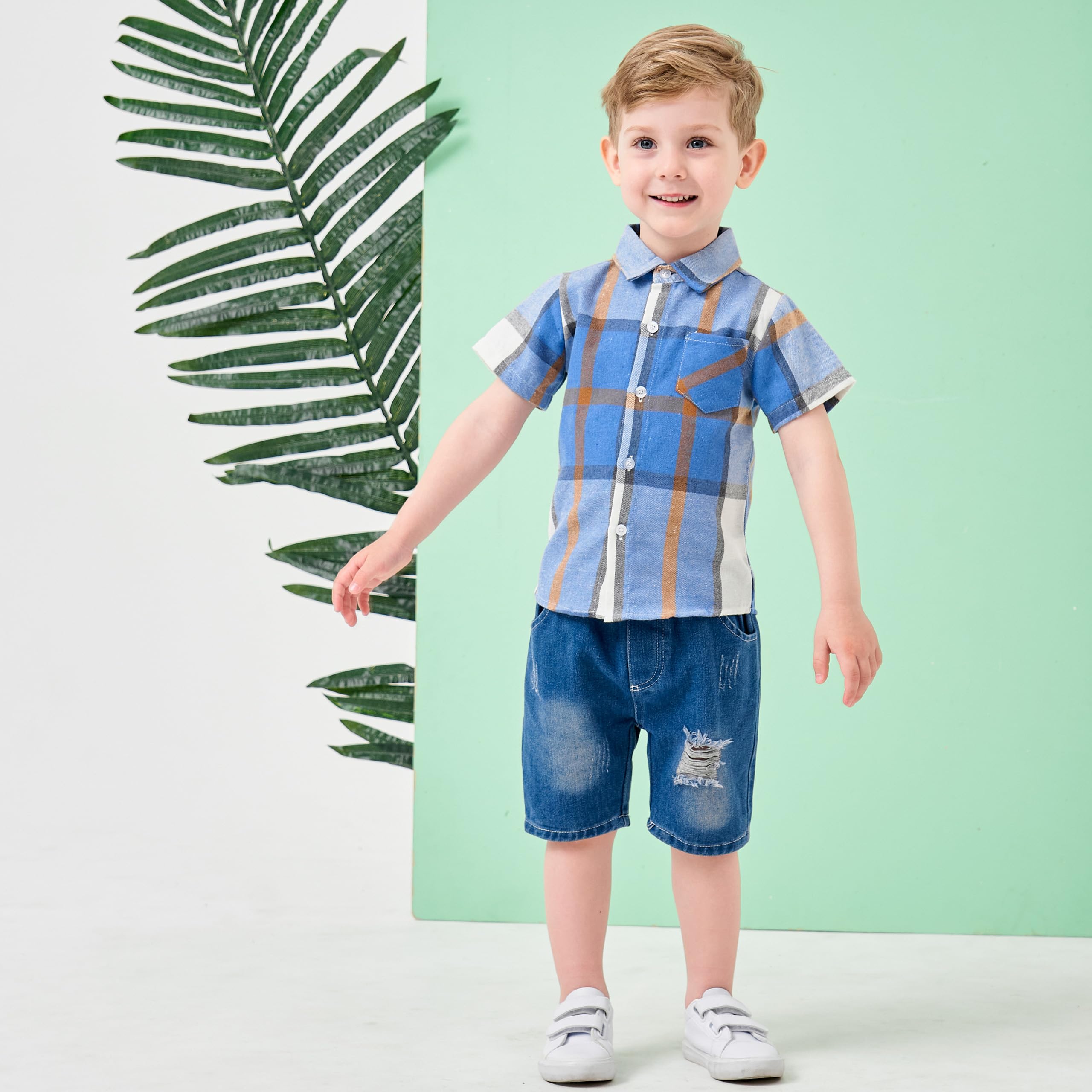 Volunboy Completi Estivi Bambino, Manica Corta Camicia Quadri + Short Jeans Blu Strappati 2 Pezzi Set