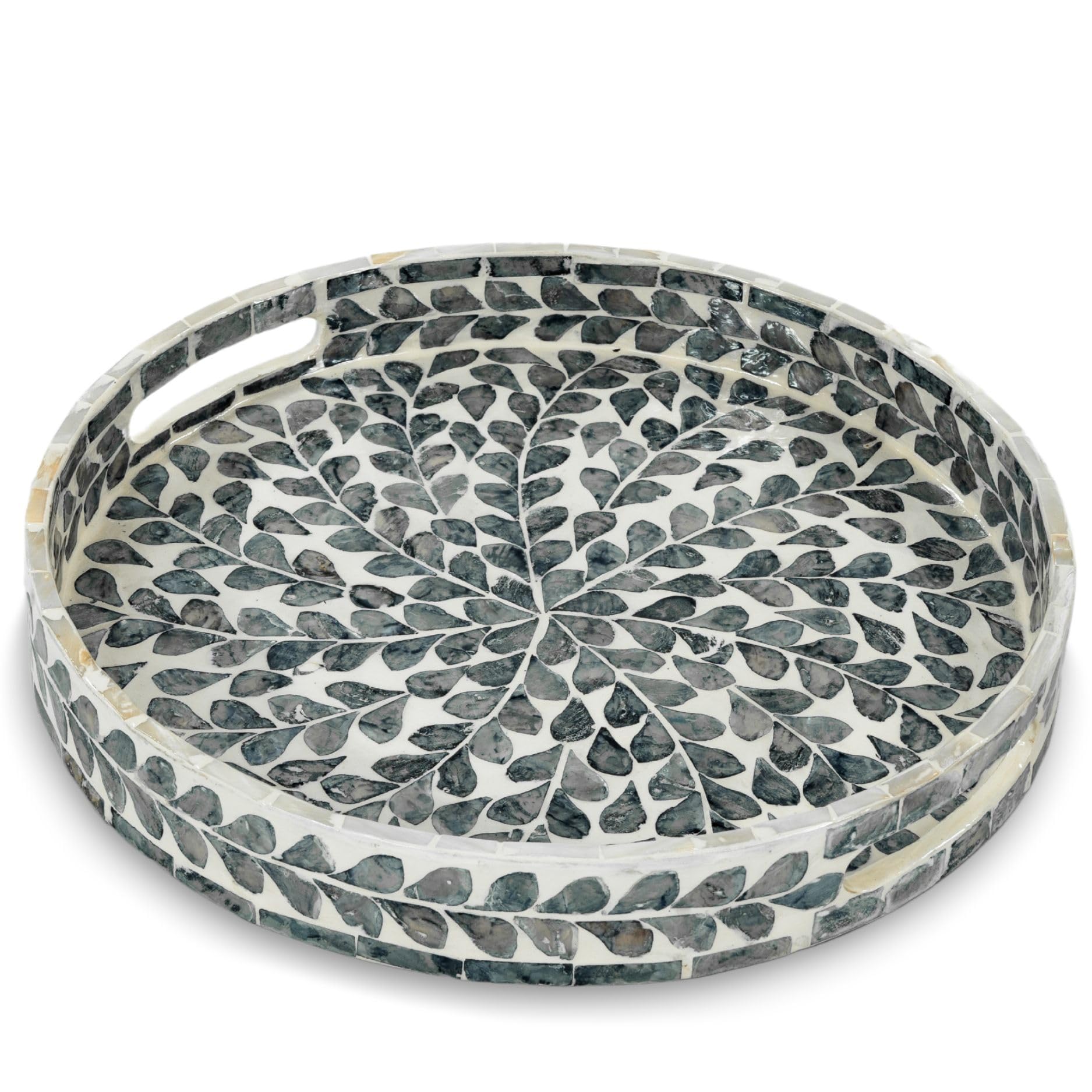 Photo 1 of CLAYNIX Serving Tray 12.5 Inch, Lacquer Mother of Pearl Inlay Mosaic Tray, Round Wooden Marble Tray with Handles Trays for Tea, Breakfast (Black Leaf)