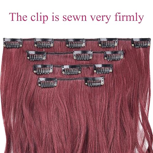 Miniatura 6 de SYXLCYGG Extensiones de cabello ondulado color burdeos, 4 piezas, extensiones de cabello sintético de 18 pulgadas, 5.5 onzas, rizado, color rojo