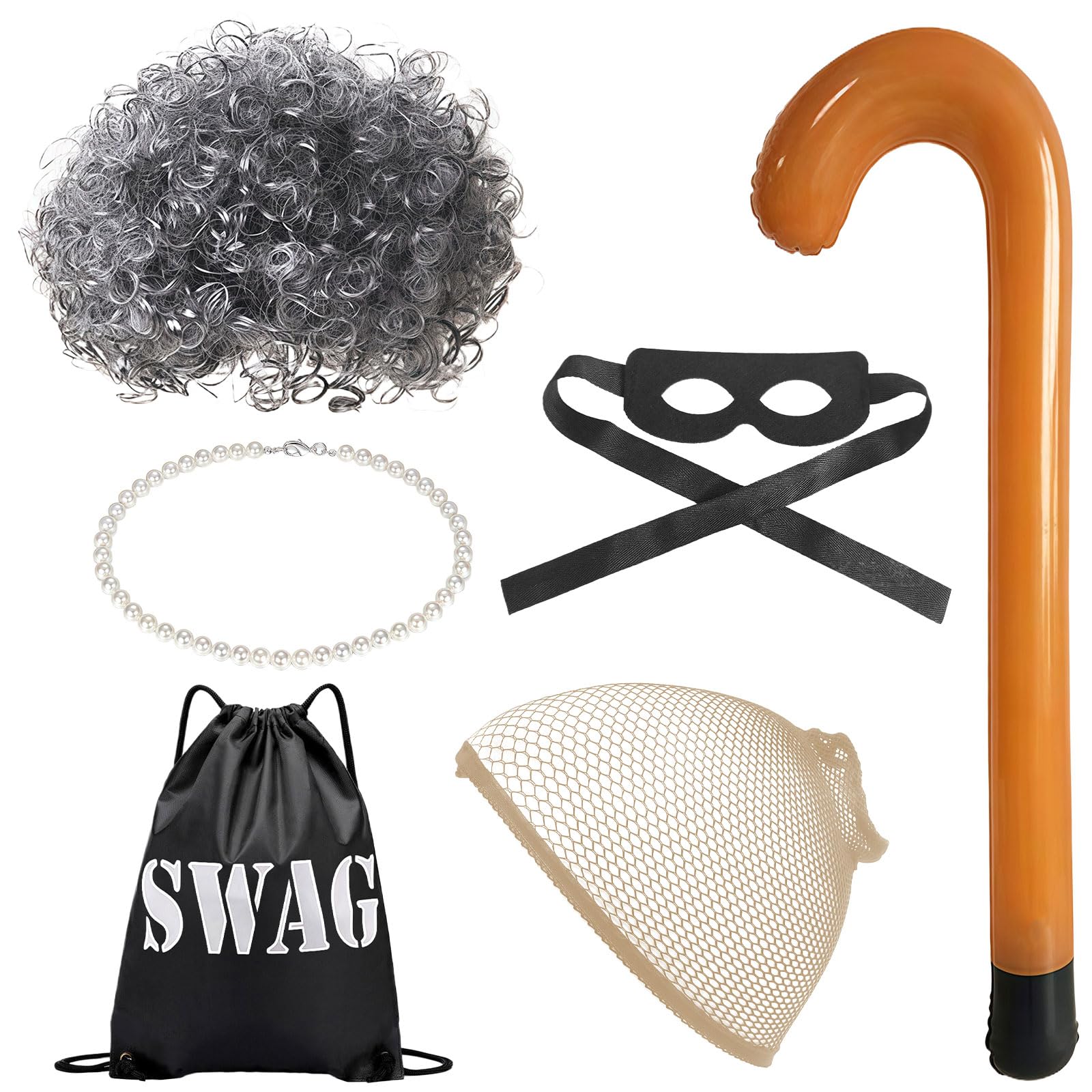 GWAWG 6Pcs Old Lady Fancy Dress Set,Old Lady Fancy Dress Kit,Old Lady Costume Set Grey Wig Hairnet Bag Eyemask Necklace and Inflatable Cane for Halloween World Book Day Masquerade Carnival
