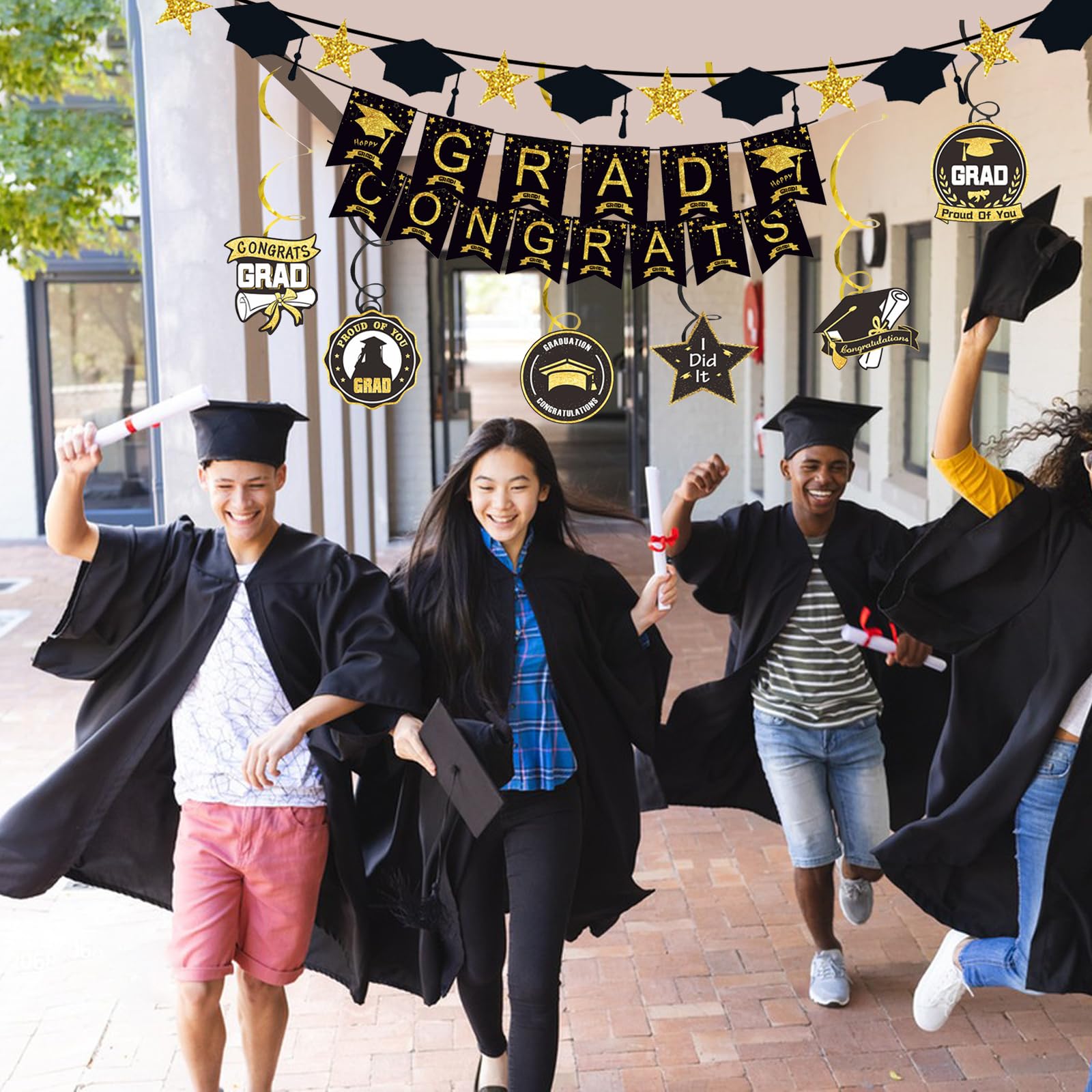 3PCS Congrats Grad Banner CHUNLINLAODA-Graduation Congrats Grad Banners Black Golden Grad Hat Paper Garland Congrats Grad Bunting Banner Sign for School Graduation Decoration Supplies (Black and gold) - Image 3