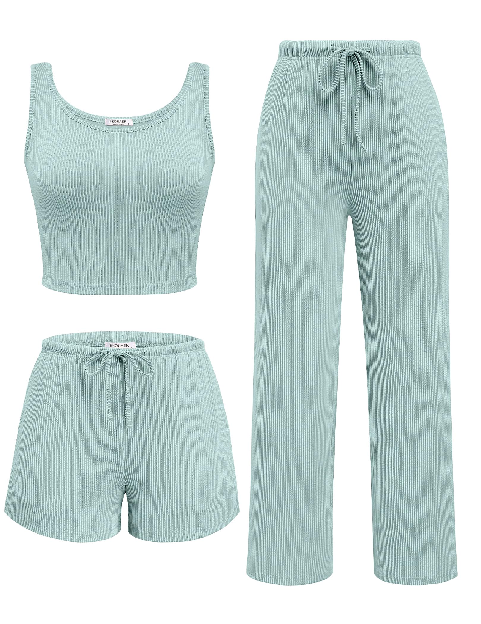 Ekouaer Womens 3 Piece Lounge Set Soft Twisted Rib Knit Summer Vacation Outfits Crop Top Shorts Pants Set