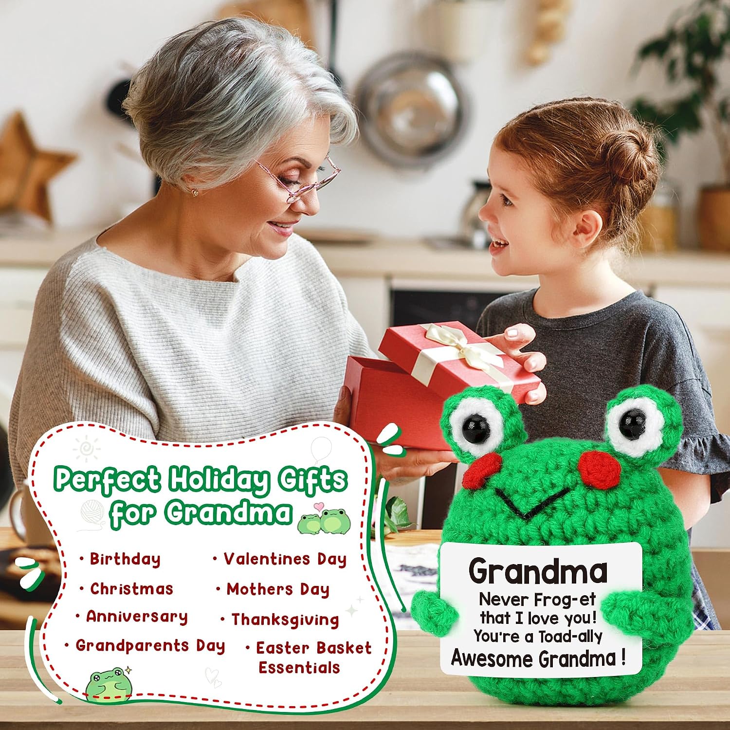 Grandma Gifts, Mothers Day Grandmother Gigi Gifts for Grandma Mother's Day Birthday Gift for Nana Grammy Grandmother Grandparents Day Christmas Valentines Day Cute Mini Crochet Frog Gift for Her