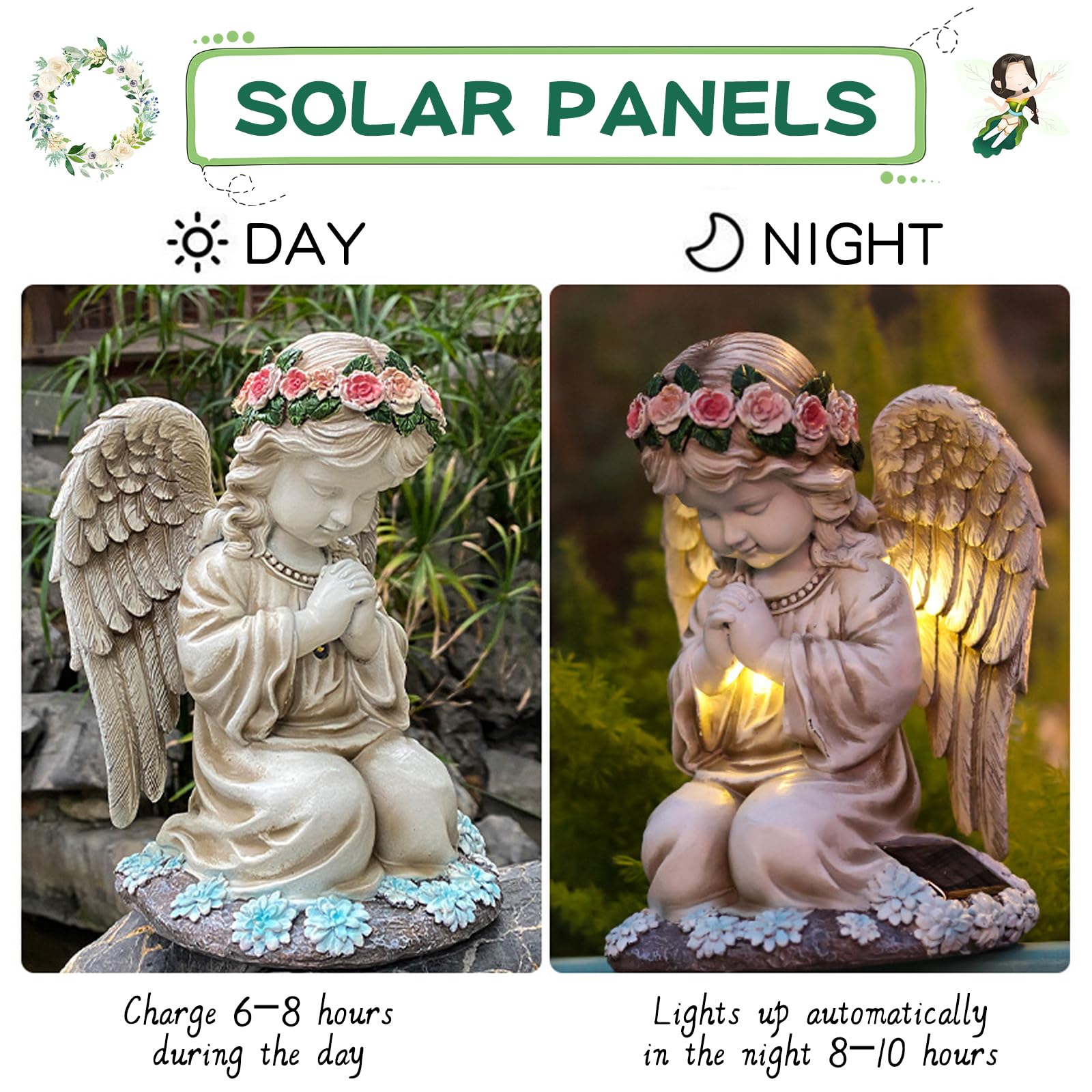 Ange Priant,Statues Solaires de Jardin,Sculpture d'ange Féérique,Statue Jardin Exterieur,Figurine d'ange Gardien avec Lanterne Solaire LED,Figurine d'ange Gardien LED en Prière