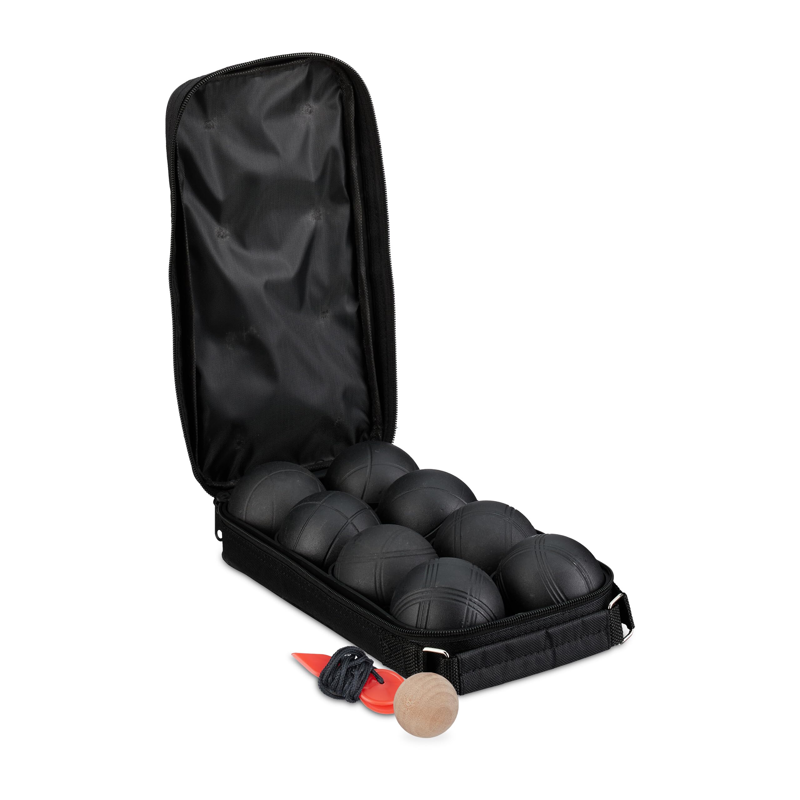 Relaxdays Set de Petanca Acero Juego Bolas Boccia con Boliche Cuerda Medición Bolsa Transporte Negro
