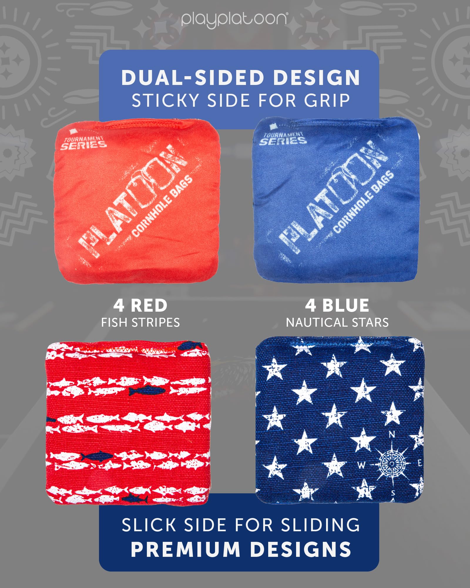 Play Platoon Tournament Series - Juego de 8 bolsas de cornhole reguladas de estilo profesional, bolsas de cornhole reguladas de doble cara, bolsas oficiales de Cornhole Slick & Sticky Bag - Diseñado