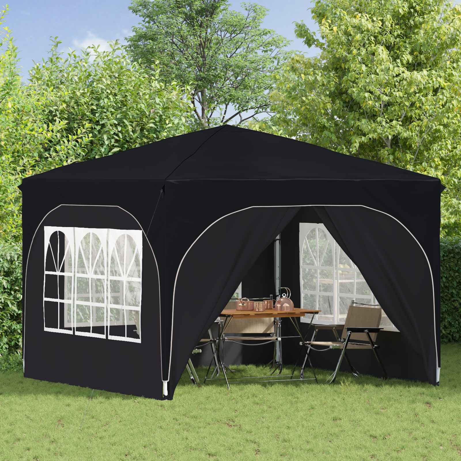 Namiot imprezowy Pop-up 290 x 290 x 245 cm, antracytowy, składany, wodoszczelny, z ochroną UV, stabilny namiot ogrodowy z 4 ściankami bocznymi, składany, na kemping, taras