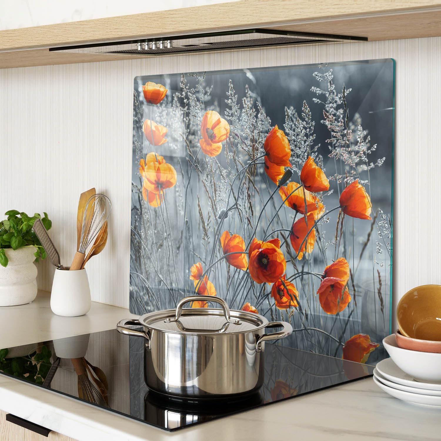 Glasschneidebrett 60x52 cm Dünn Glasplatte Dekorativ Gehärtetes Glas für die Küche Plastikfrei Antibakteriell Lebensmittelecht Rutschfest Silikonfüße Hitzebeständig - Mohnfeld