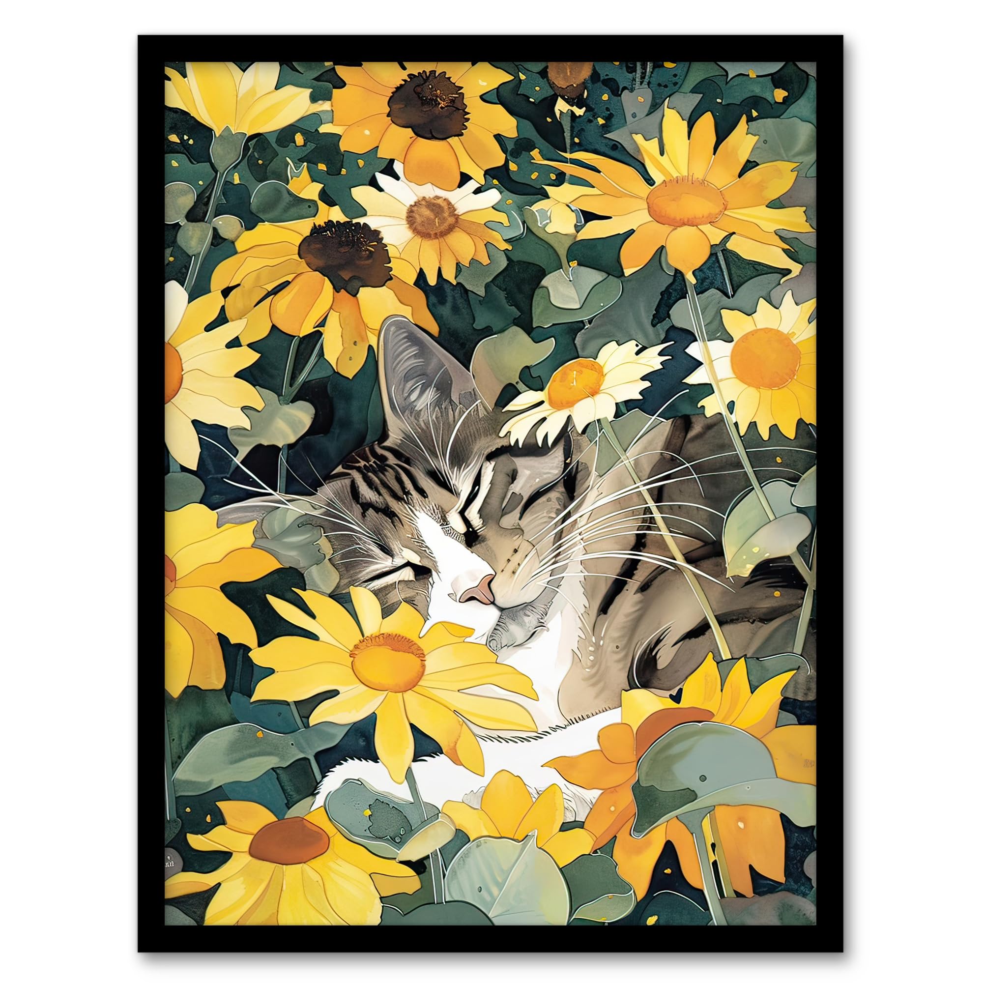 Artery8 Tabby Cat Lover Asleep in Wildflower Garden Living Room Artwork Framed Wall Art Print A4