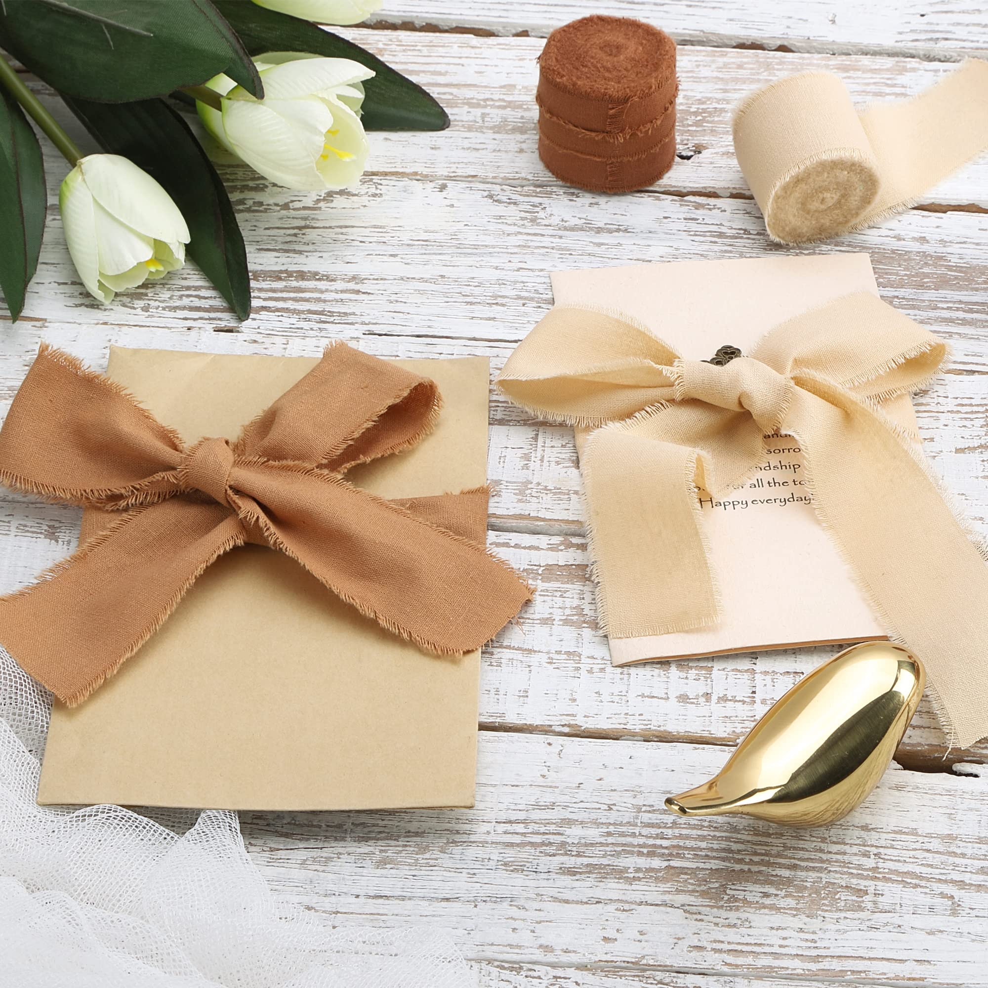 Keypan 3 rollos de cinta de algodón hecha a mano con flecos con borde deshilachado para envolver regalos de boda, ramos de decoración, manualidades, invitaciones, 1.6 pulgadas x 5 yardas