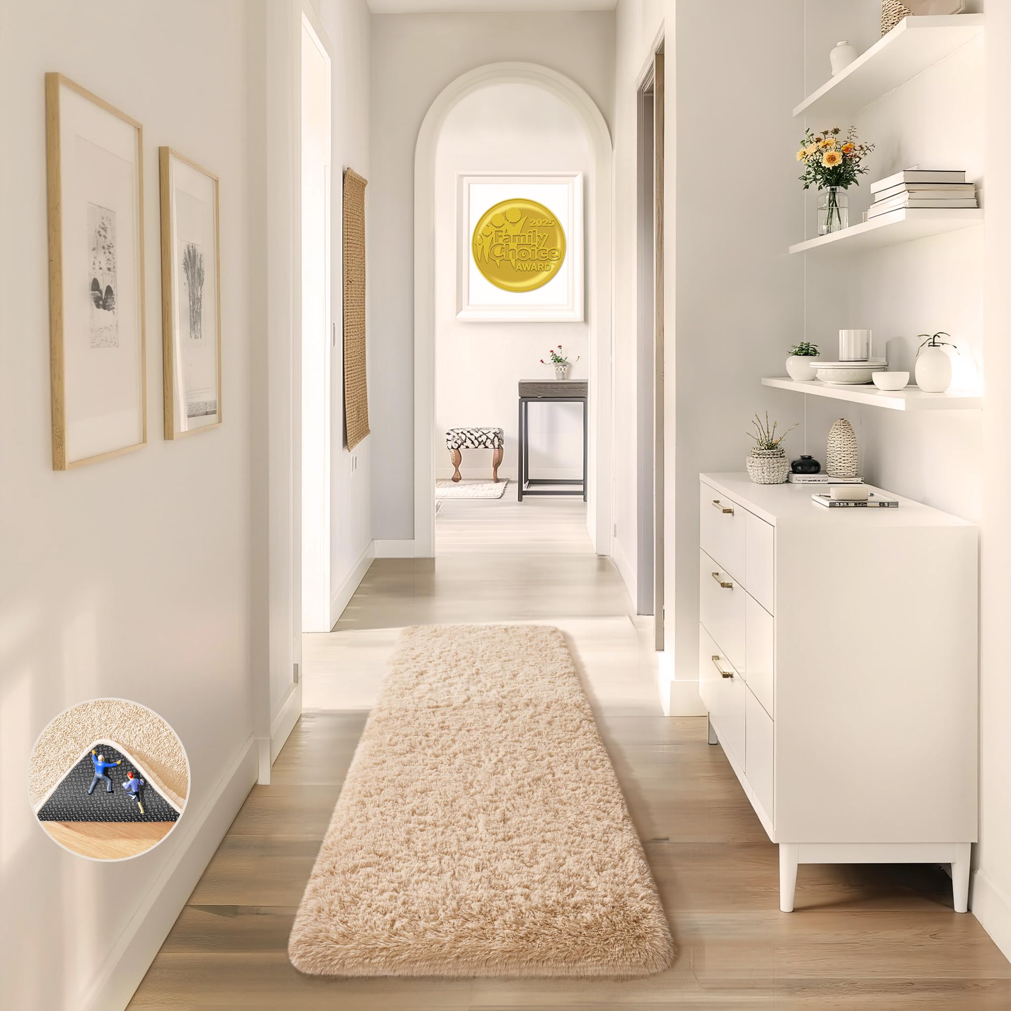ophanie runner rug for hallway, 2x6 upgrade non-slip fluffy soft bedside rugs, bedroom living room beige shaggy carpet for kids girls boys dorm nursery home decor aesthetic
