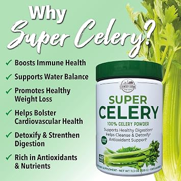 Country Farms Super Celery Powder, 100% Celery Powder, Supports Healthy Digestion, Helps Cleanse & Detoxify, Antioxidant Support, 40 Servings, 11.3 Ounce (Pack of 1)