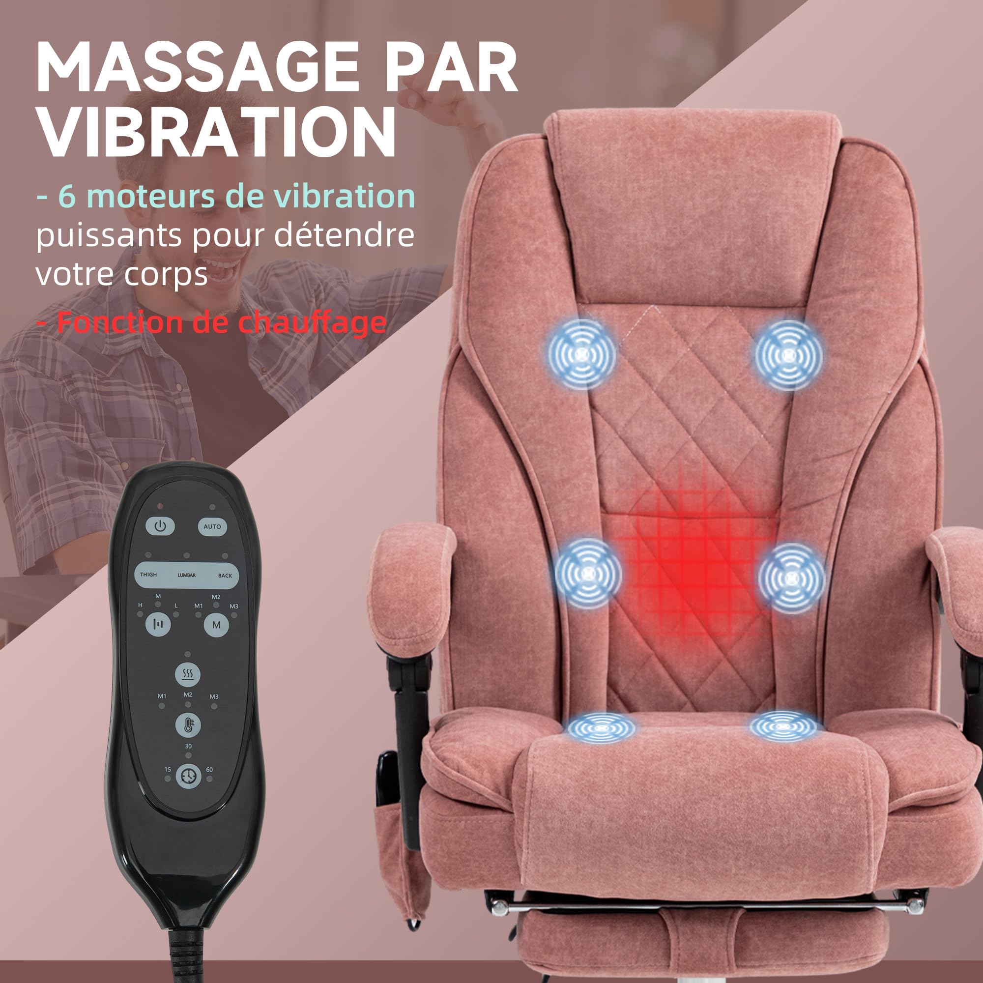 Vinsetto Fauteuil de Bureau Massant et Chauffant Ergonomique Rose