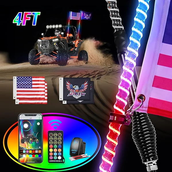 Nilight LED Whip Light 2 PCS 4FT COB RGB Lighted Antenna Whips with Spring Base Remote & App Control DIY Patterns Turn Brake Reverse Lights for Can-am Offroad ATV UTV RZR Polaris Dune Buggy Truck