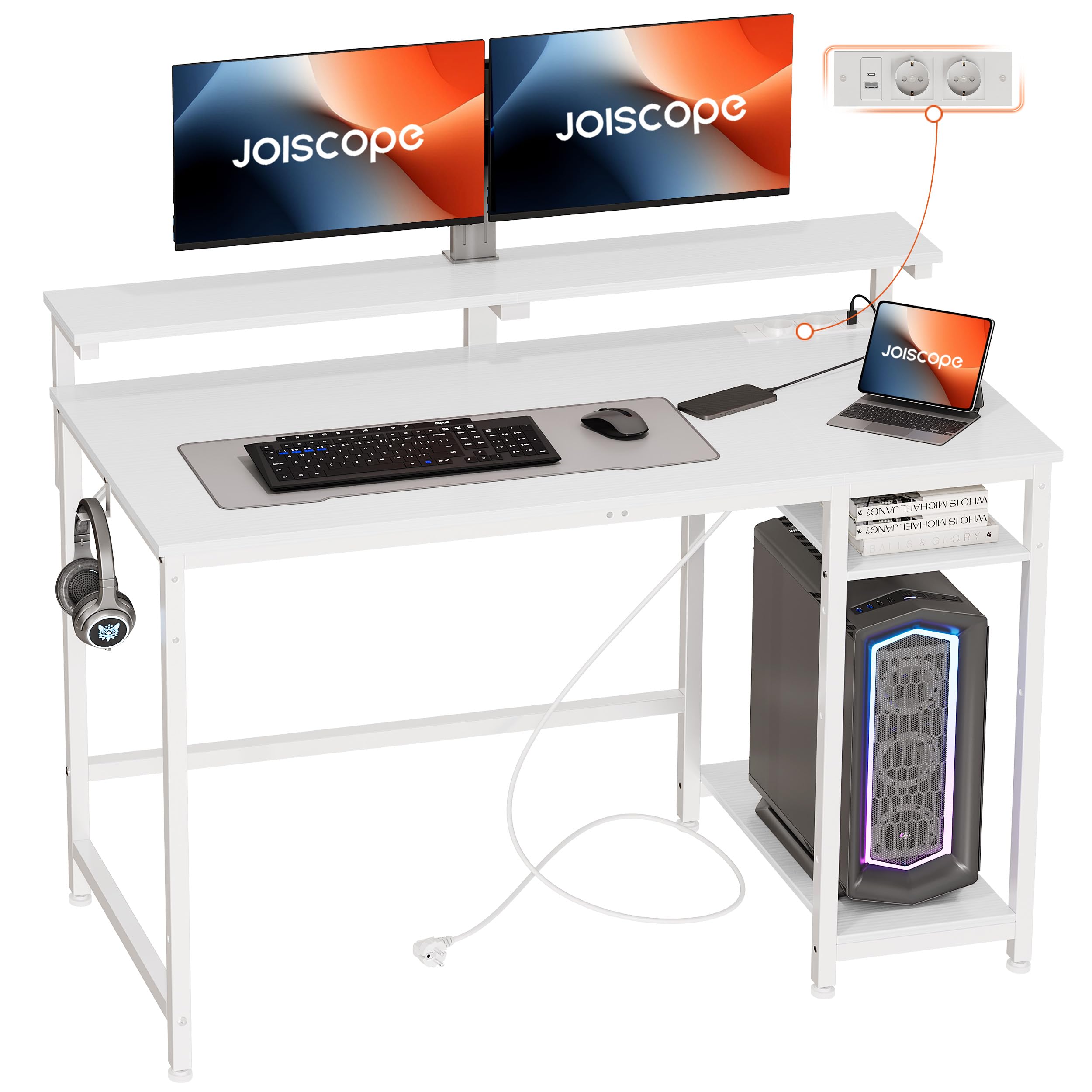 JOISCOPE Mesa Escritorio con Puertos Type-C & USB, Escritorio de Ordenador con Soporte para Monitor, Estante de Almacenamiento Reversible y Ganchos, Escritorio Gaming, 120 CM, Blanco