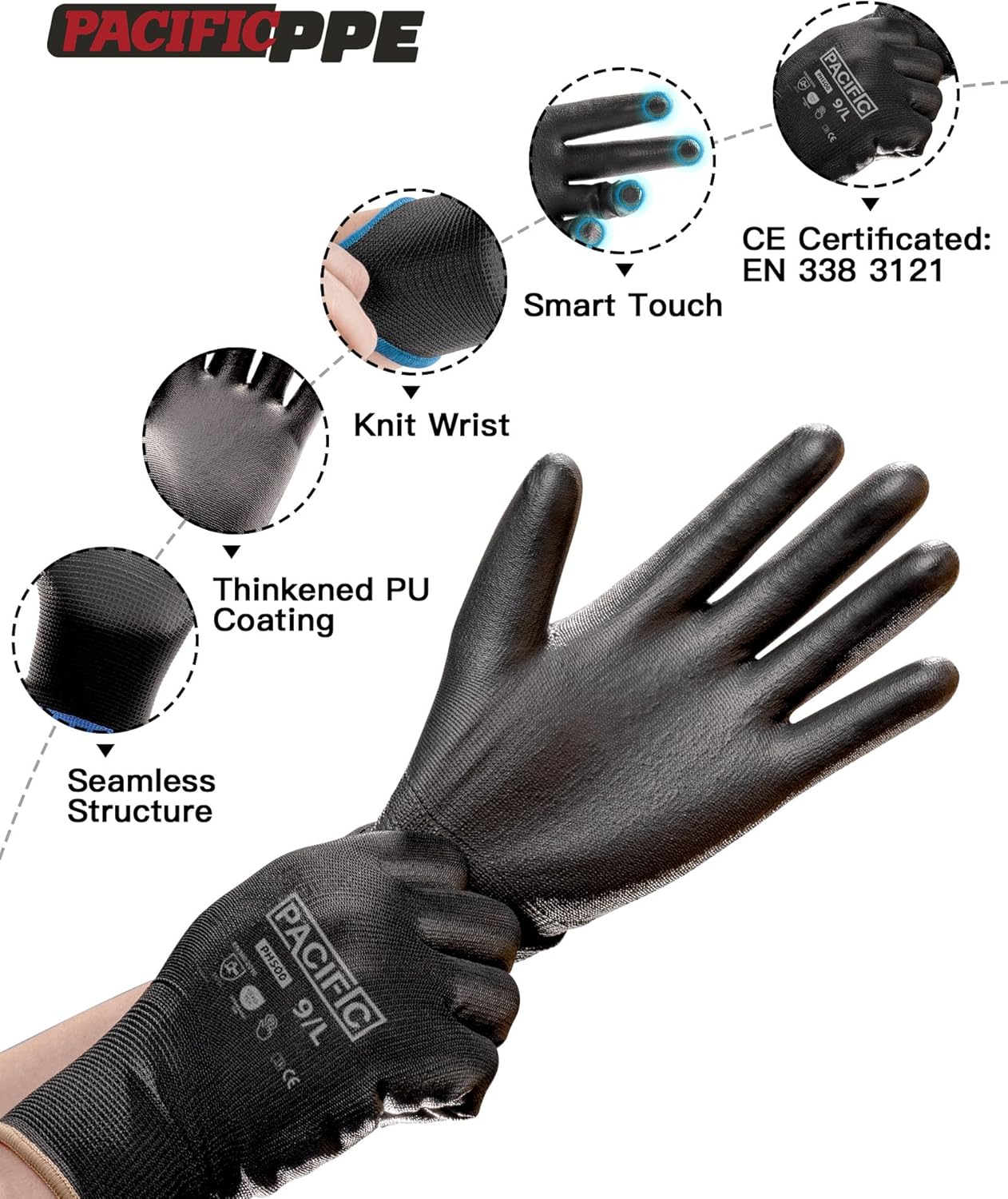 PACIFIC PPE 18 Pairs Work Gloves, PU Coated Seamless Knit Gloves, Touchscreen Safety Gloves with Grip, Ideal for General Duty Work, Men and Women, Black, Medium - Image 3
