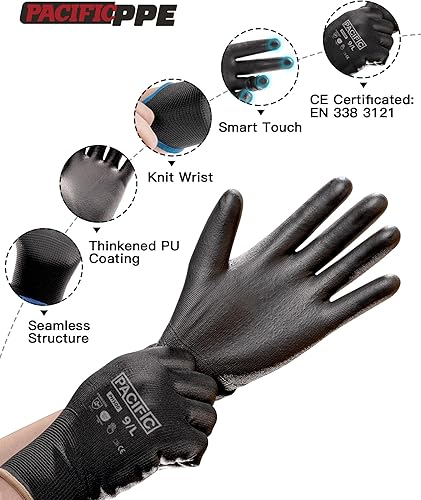 Vista 3 de PACIFIC PPE Guantes de trabajo con revestimiento de poliuretano, 18 pares, guantes de trabajo para pantalla táctil para hombres y mujeres, guantes