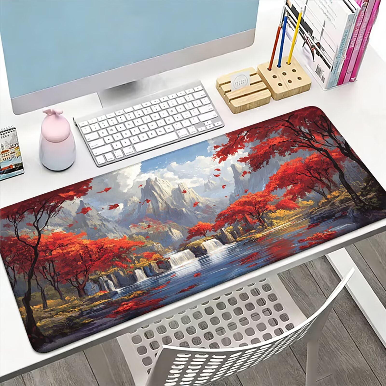 Podkładka pod mysz XXL 1000 x 500 x 3 mm, czerwona duża podkładka pod mysz z wodoodporną i antypoślizgową gumą klonową pod ręką biurko zszyte krawędzie, poprawia precyzję i szybkość dla gracza W-96