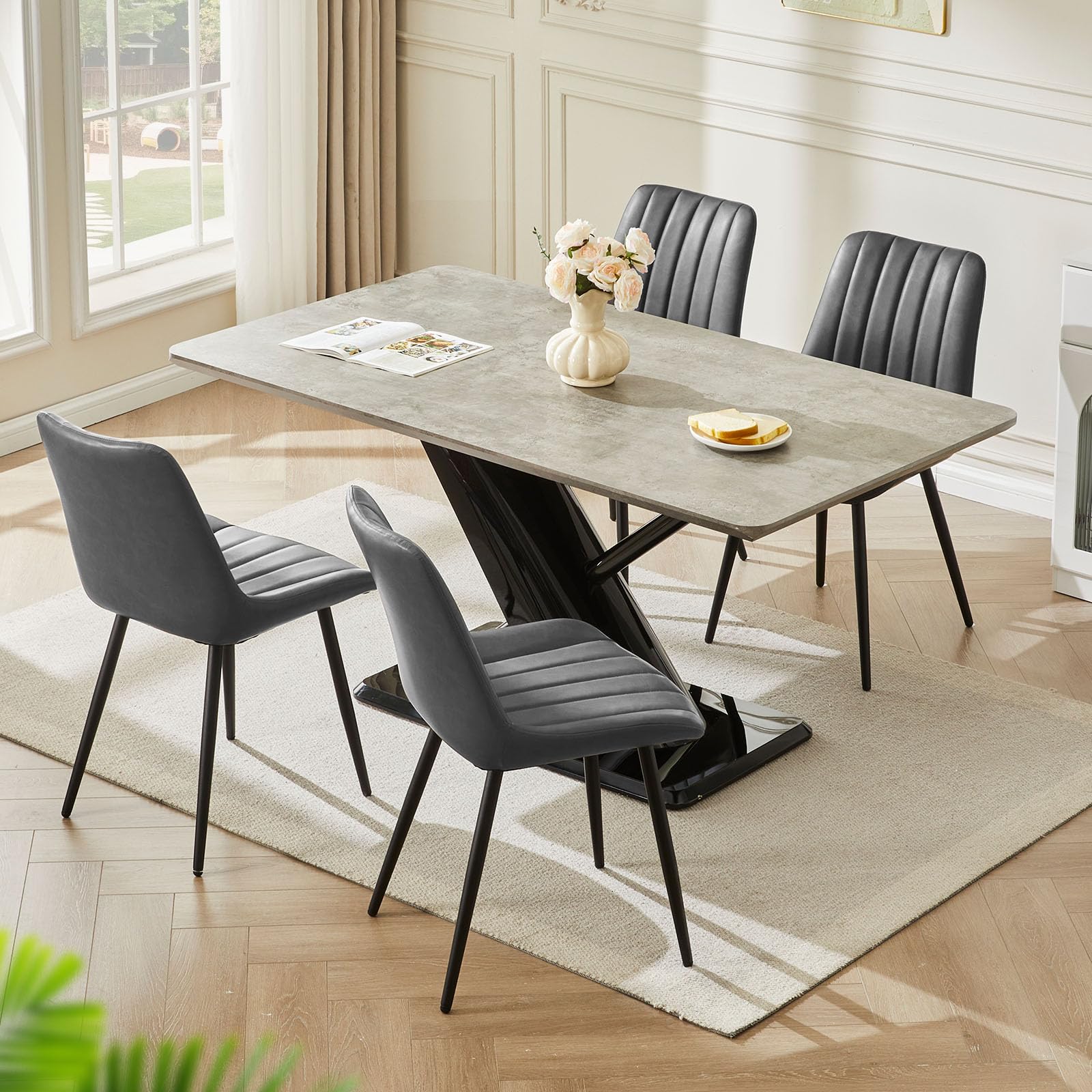 LEMROE Grey Dining Chairs Set of 4 Faux Leather, Metal Legs Kitchen Chair