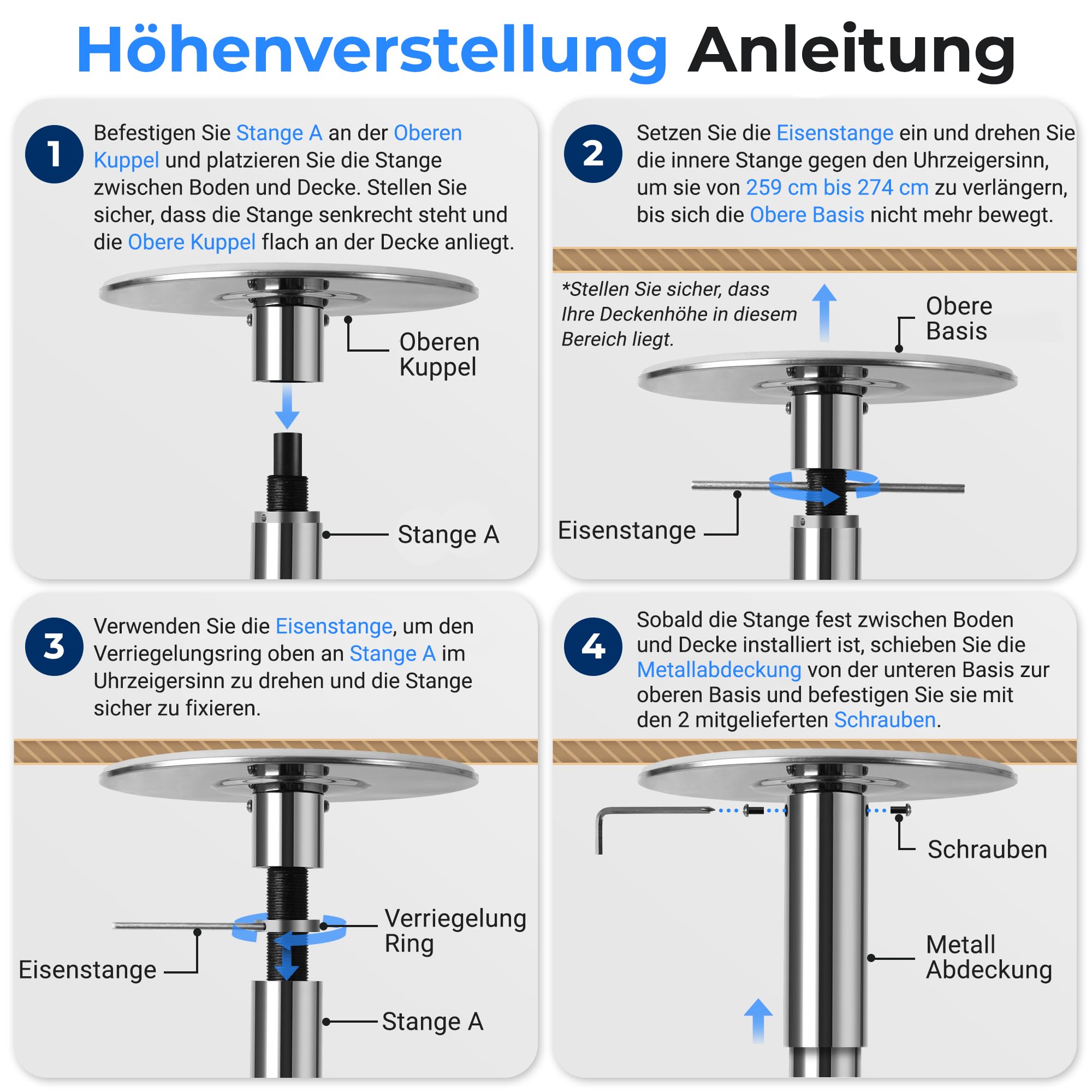 SereneLife Pole Dance Stange Indoor – Höhenverstellbar, Statisch & Rotierend, 204–274cm Turnstange Indoor für Zuhause – Robuster Stahl, Kein Bohren – Fitness Poledance Tanztraining – 280kg Traglast