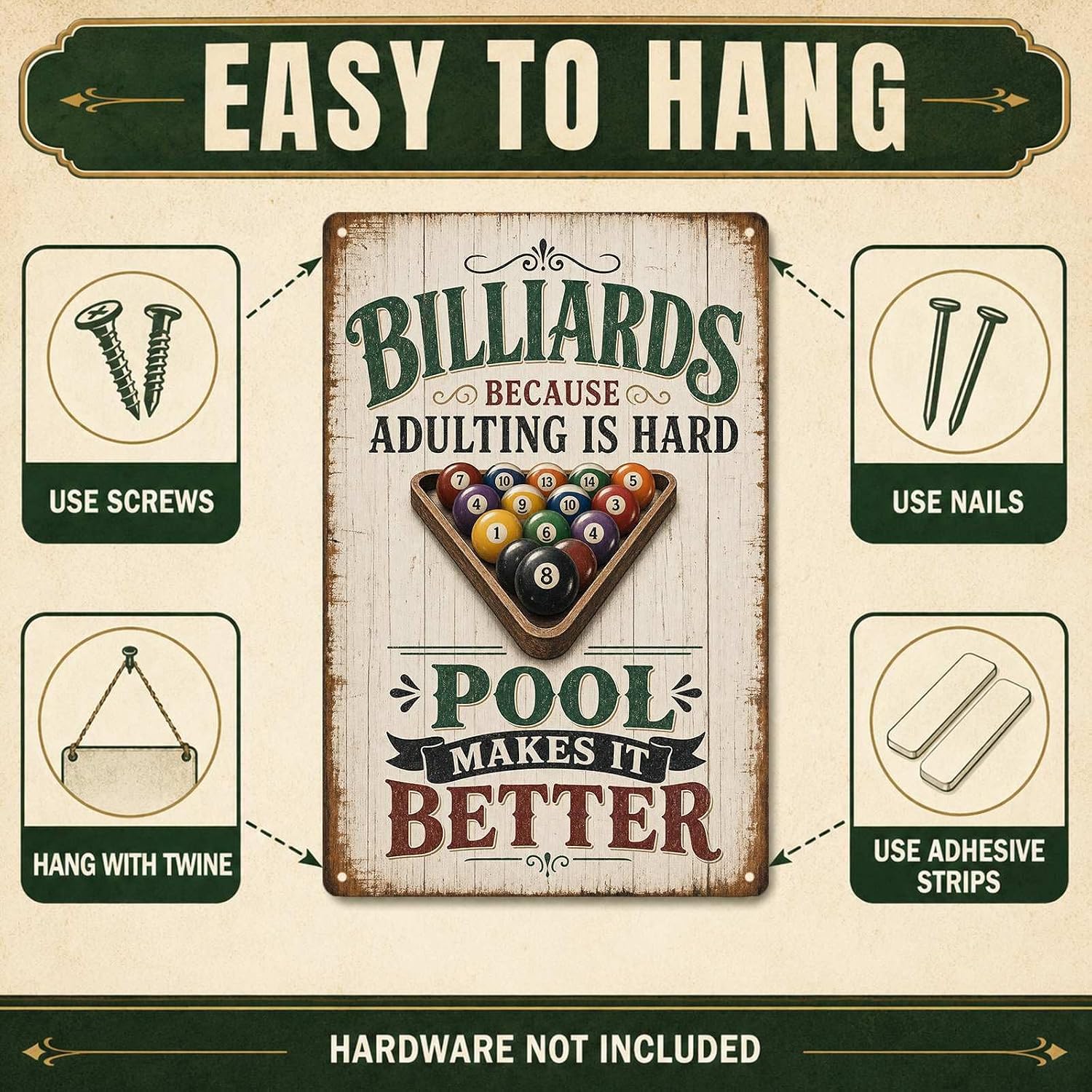 PEACHGARDEN Billiards Metal Sign Funny Pool Balls Rack Vintage Tin Sign Pool Makes It Better Wall Decor for Game Room Bar Man Cave 8x12 Inch image 4