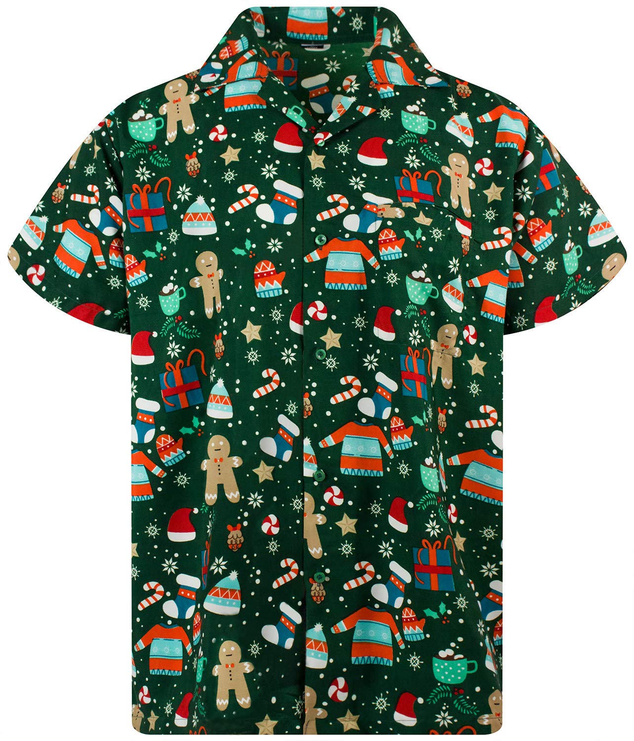 KING KAMEHA Men's Ugly-Christmas-Shirts Funky Short-Sleeve Button-Up Ginger-Bread Print Casual