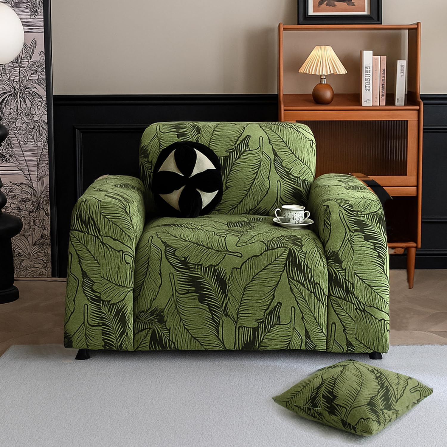 HOKIPO 200gsm Dual Tone Knitting Jacquard Sofa Cover 1 Seater Fully Covered, Olive Green (NEW-AR-6032-GRN)-image-15