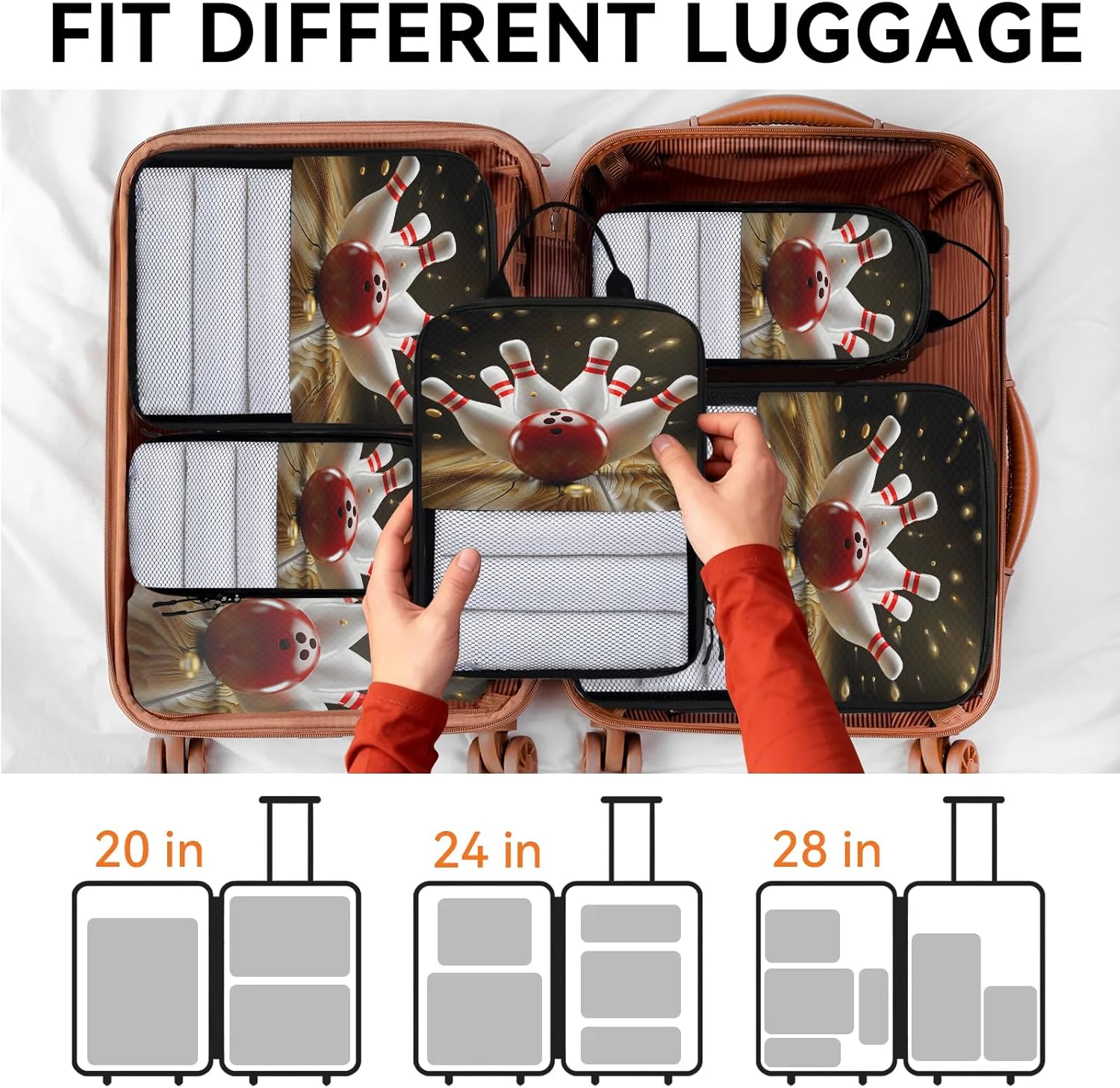 Modern Bowling Ball 6 Set Compression Packing Cubes for Travel Essentials Compressible Expandable Luggage Suitcase Organizer Bag
