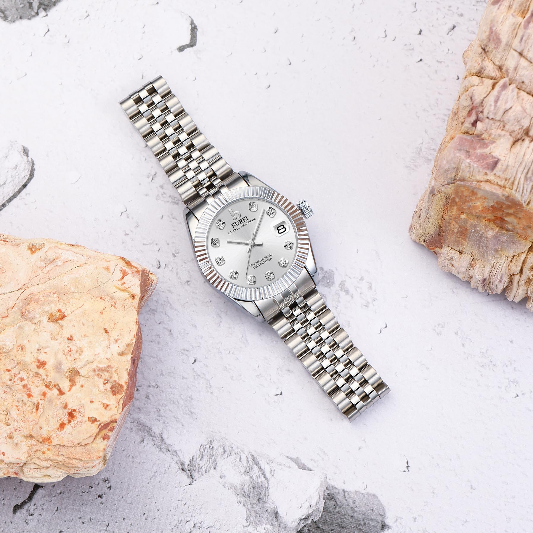 BUREI 36MM Moda Donna Orologio Argento Acciaio Inox Orologio da Polso Analogico al Quarzo con Calendario