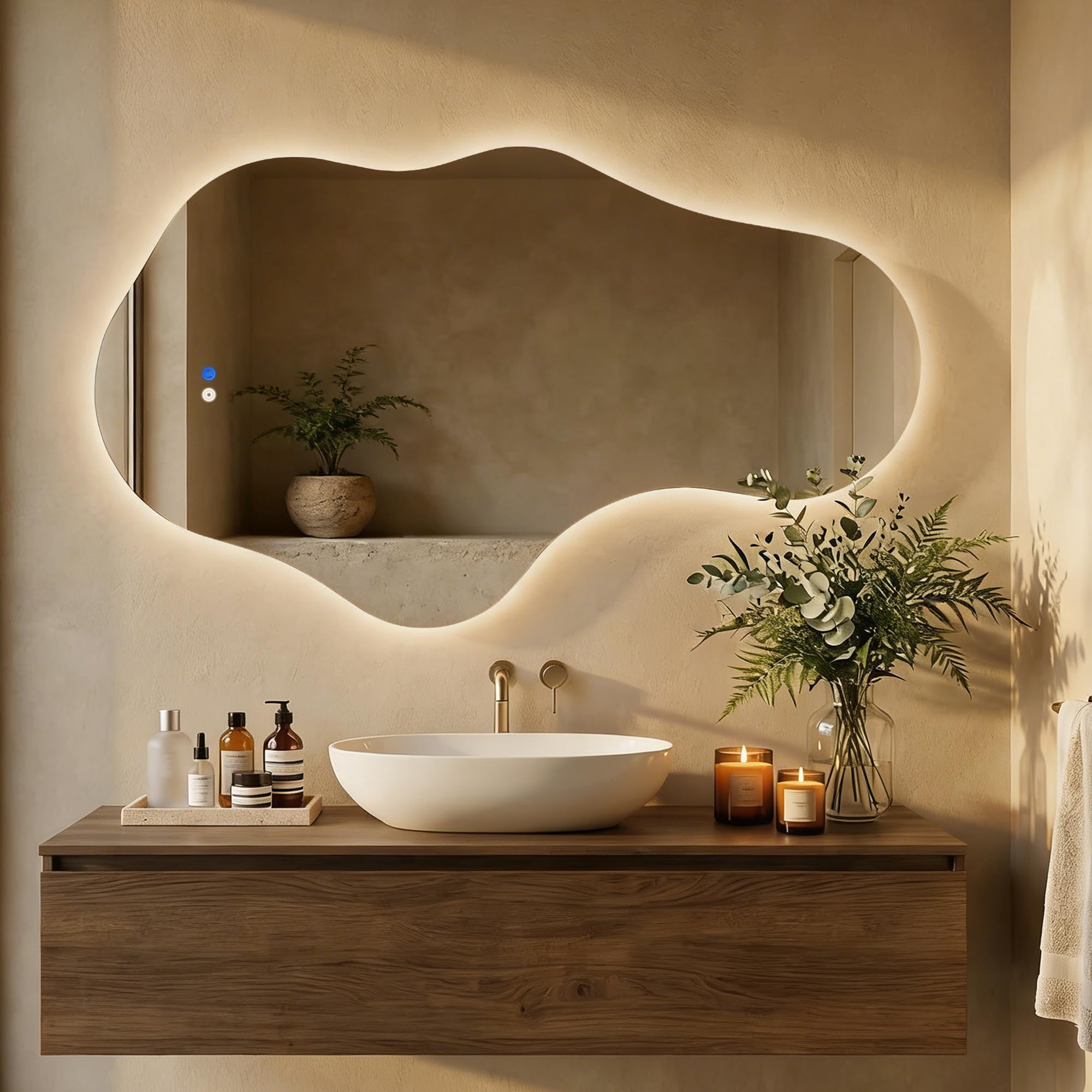 Miroir de salle de bain irrégulier à DEL 3 couleurs variables