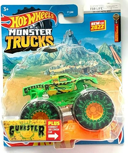 DieCast Hot Wheels Monster Trucks Gunkster, Camión a escala 1:64 2/75 Plus Coche de conexión y choque