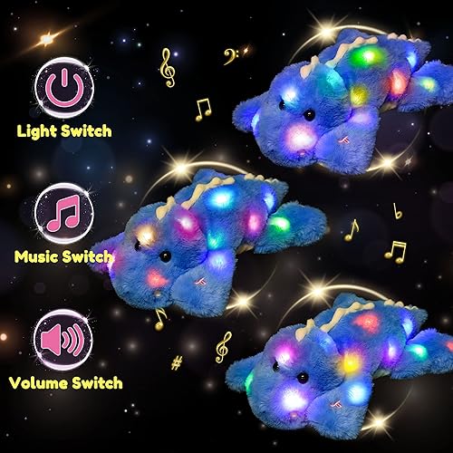 Miniatura 5 de Hopearl Dinosaurio de peluche con luces LED y música, suave, flexible, con volumen ajustable, canciones de cuna, animado, da calma, regalos de