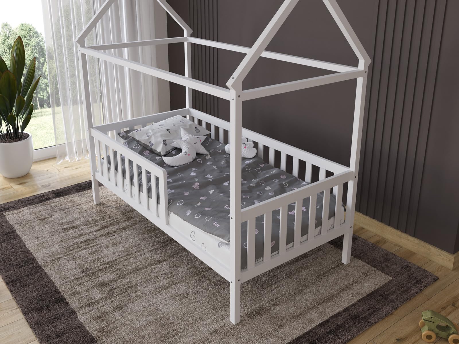 Love For Sleep Cuna Convertible en Cama 160x80cm Cama con Forma De Casa, Estructura De Cama Infantil, Cama Acogedora para Niños Pino JUNBED Juego Completo de Cuna - Cuna Cama Bebe Convertible