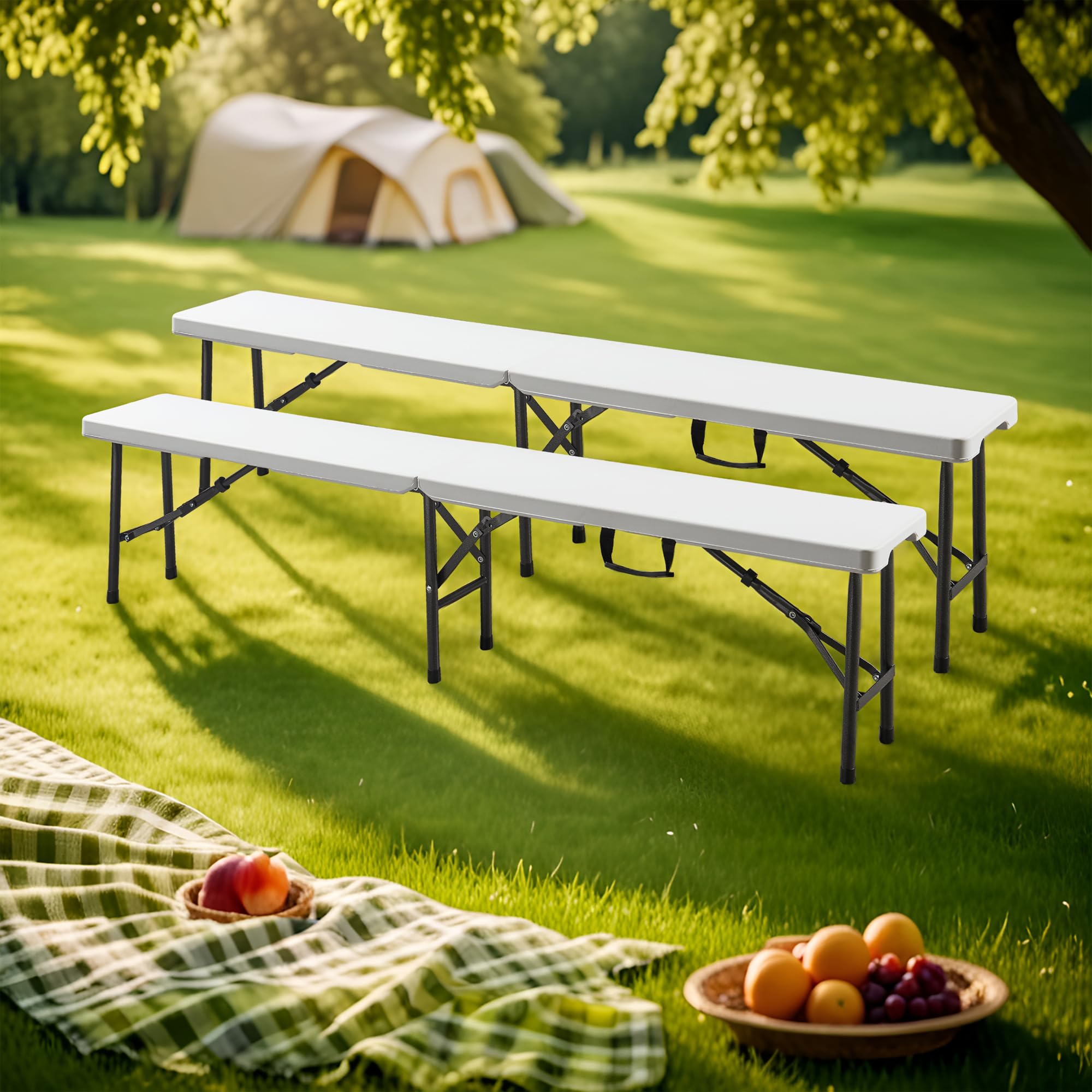 [en.casa] Lot de 2 Bancs de Camping Pliables pour Extérieur Festivals Pique-Nique Banc Pliant pour 4 Personnes avec Poignée de Transport Métal HDPE 180 x 25 x 43 cm Blanc