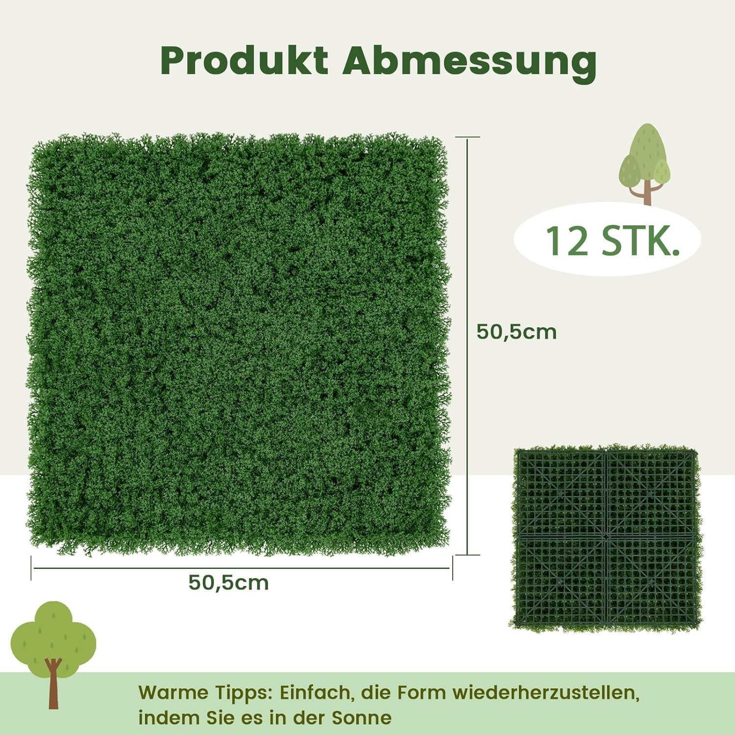FANTASK 50,5 x 50,5 cm Pflanzenwand 12 Stk., künstliche Mooswand miteinander verbindbar, Sichtschutzhecke für Garten, Zuhause, Hof